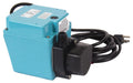 Blue pump with black connector and power cord on a white background