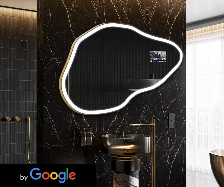 Modern bathroom with a decorative mirror and Google logo