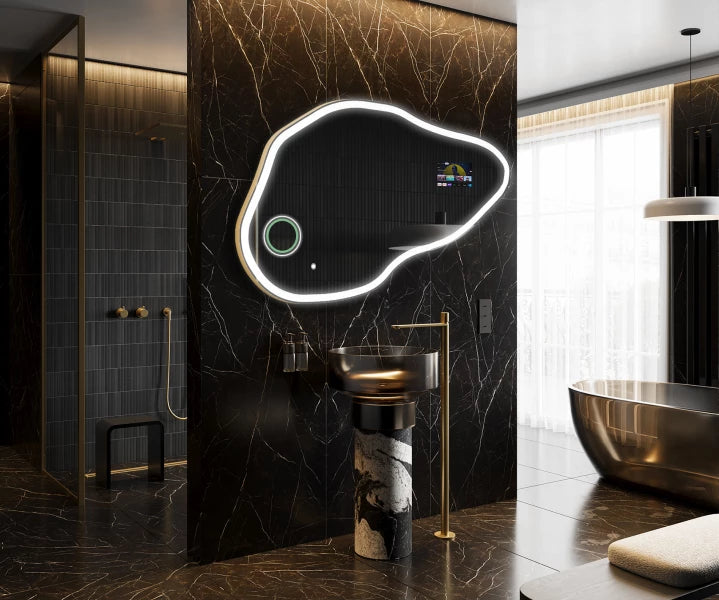 Irregular shaped smart mirror on black marble wall