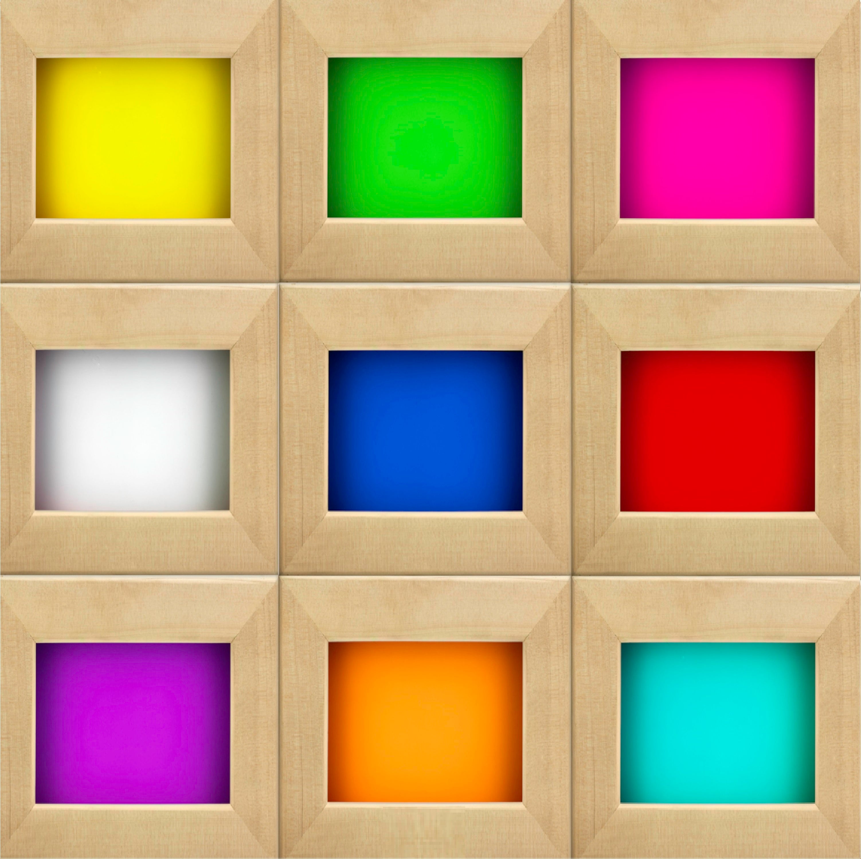 Grid of chromotherapy squares in wooden frames
