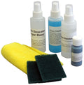 Set of cleaning products including bottles and a yellow cloth on a white background