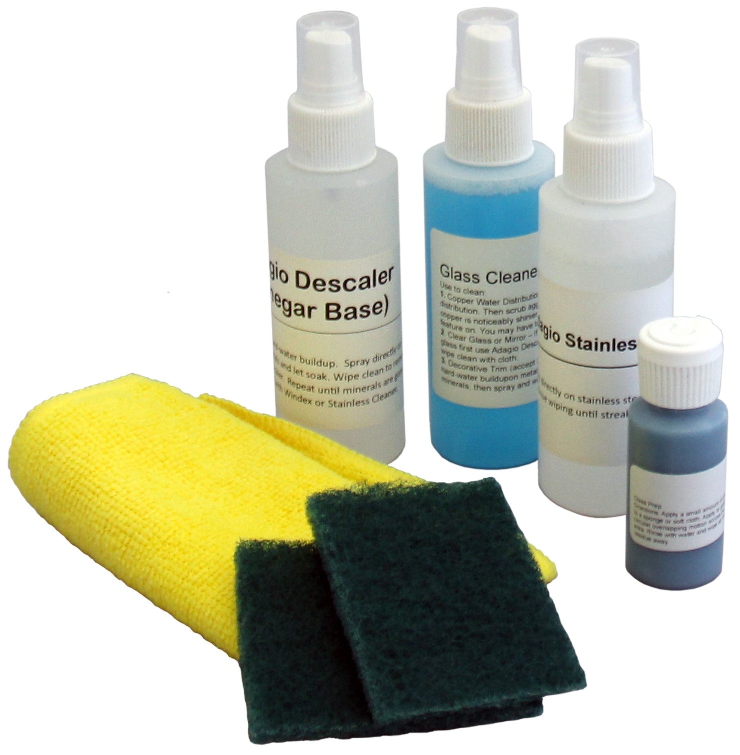 Set of cleaning products including bottles and a yellow cloth on a white background