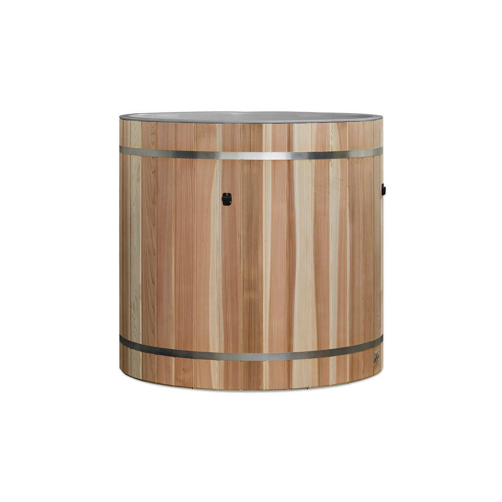 Wooden barrel-shaped plunge with metal accents on a white background