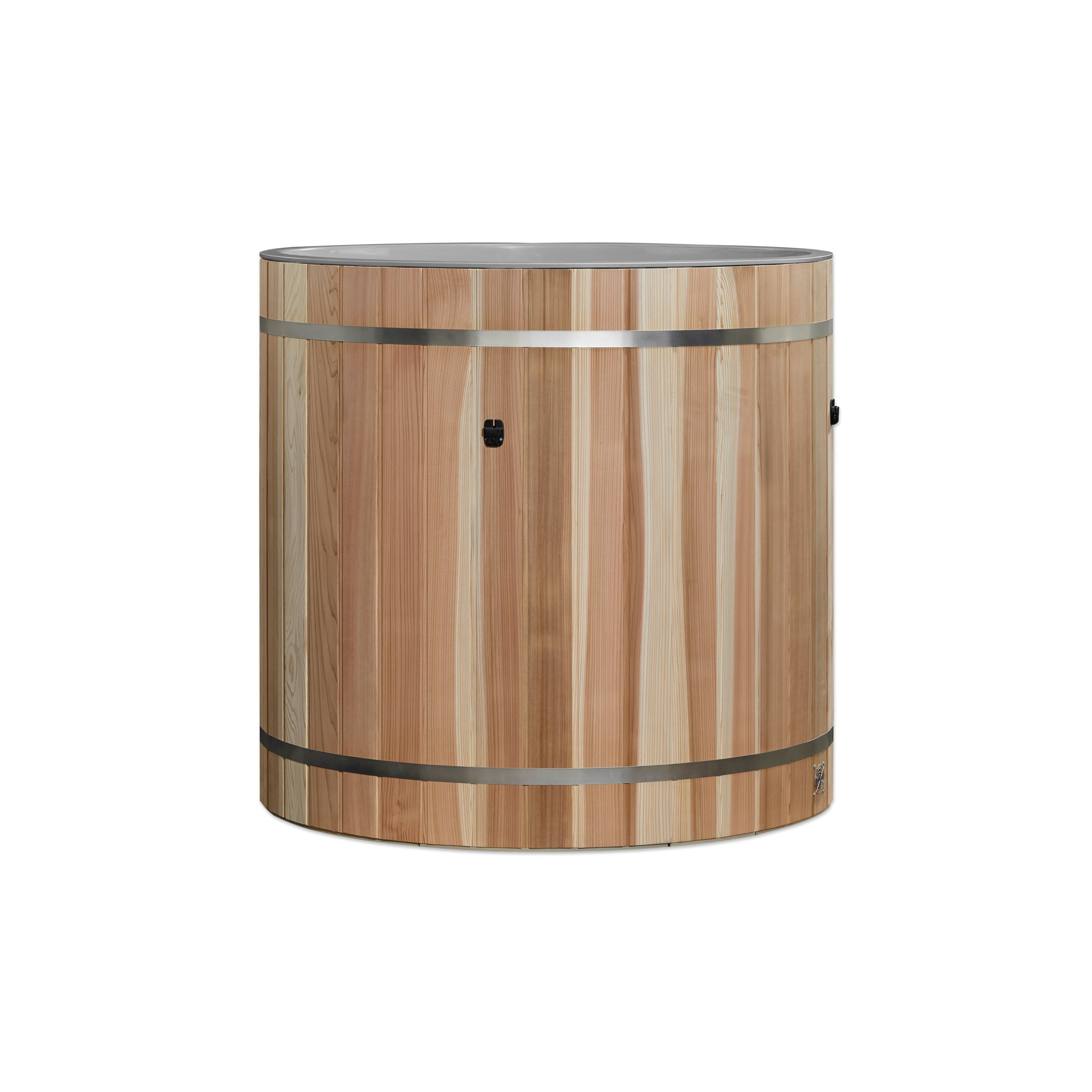 Wooden barrel-shaped plunge with metal accents on a white background
