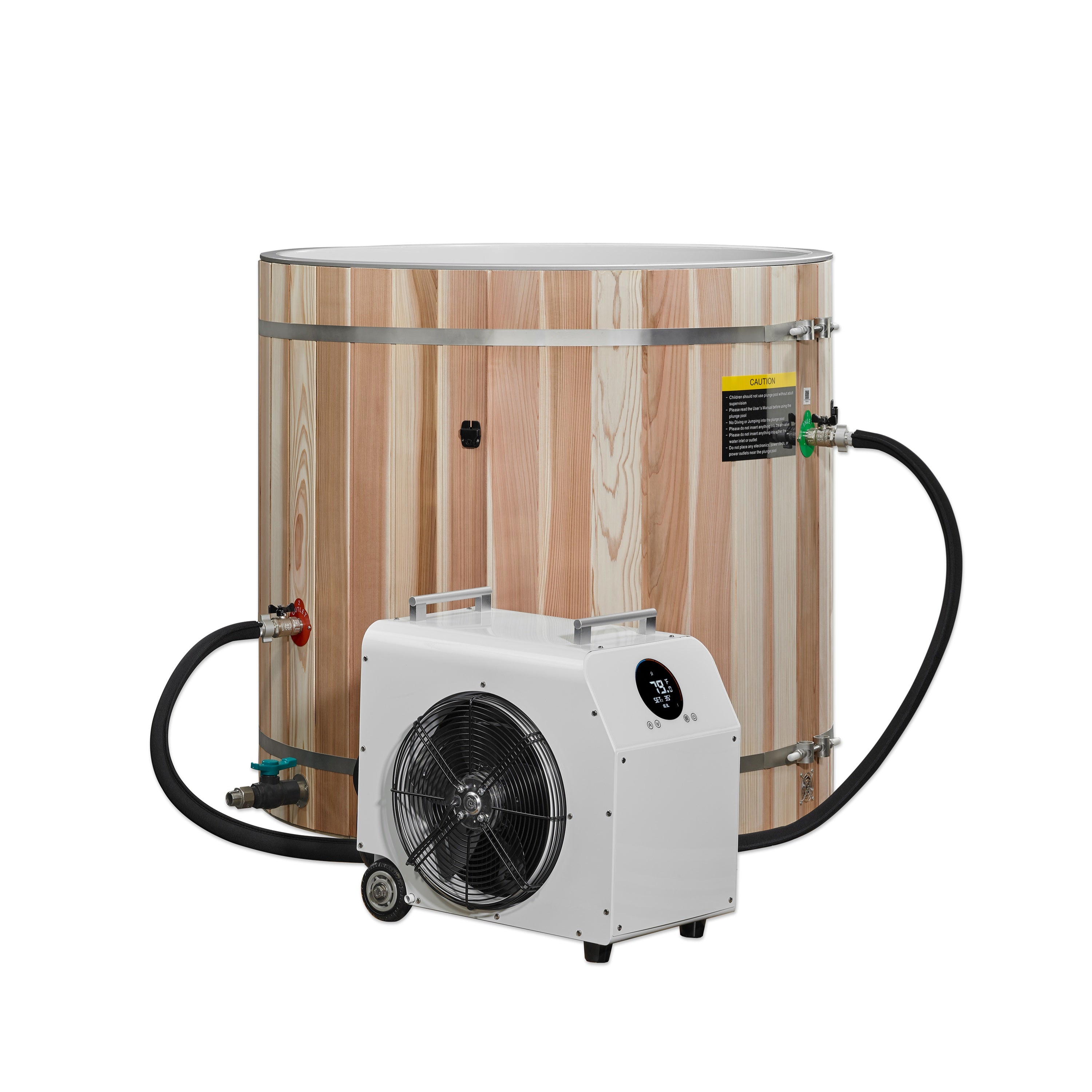 Portable chiller unit with wooden side panel on a white background