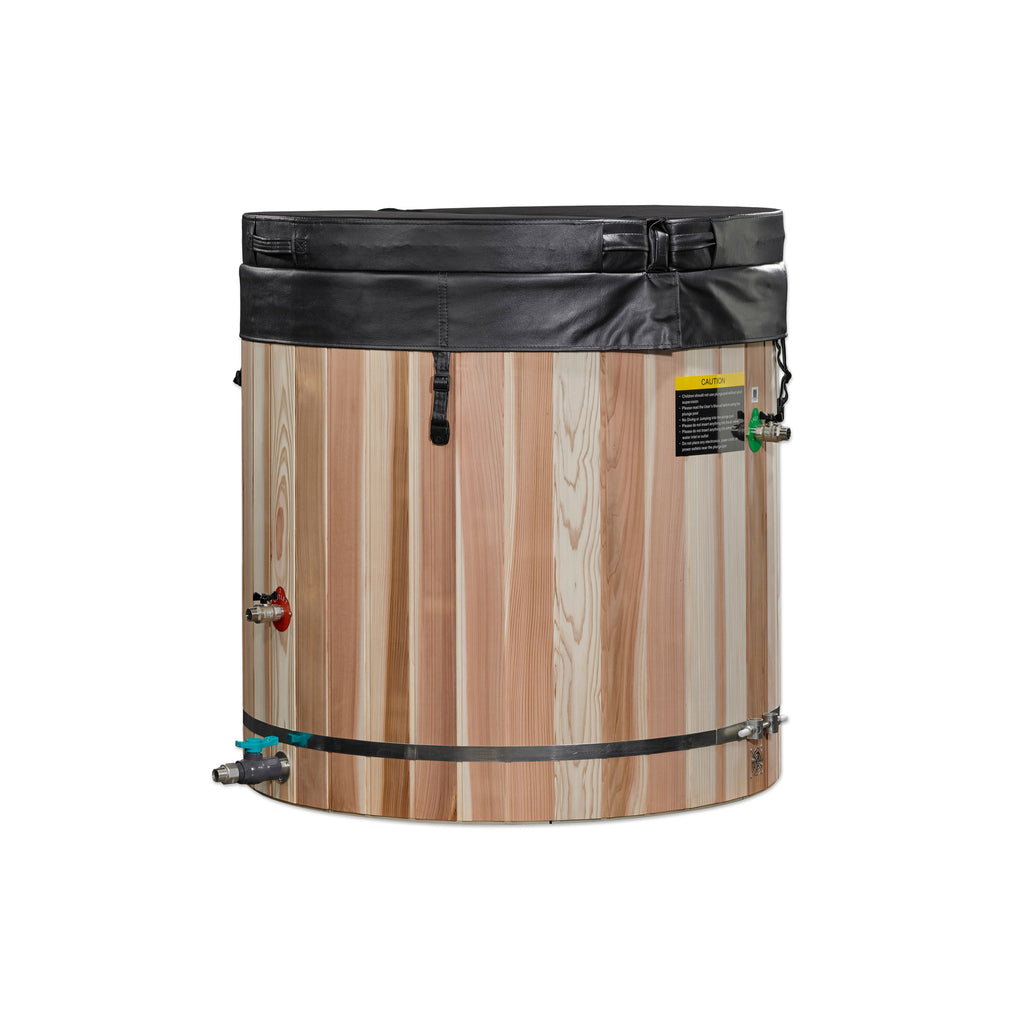 Wooden plunge barrel with black lid and straps on a white background