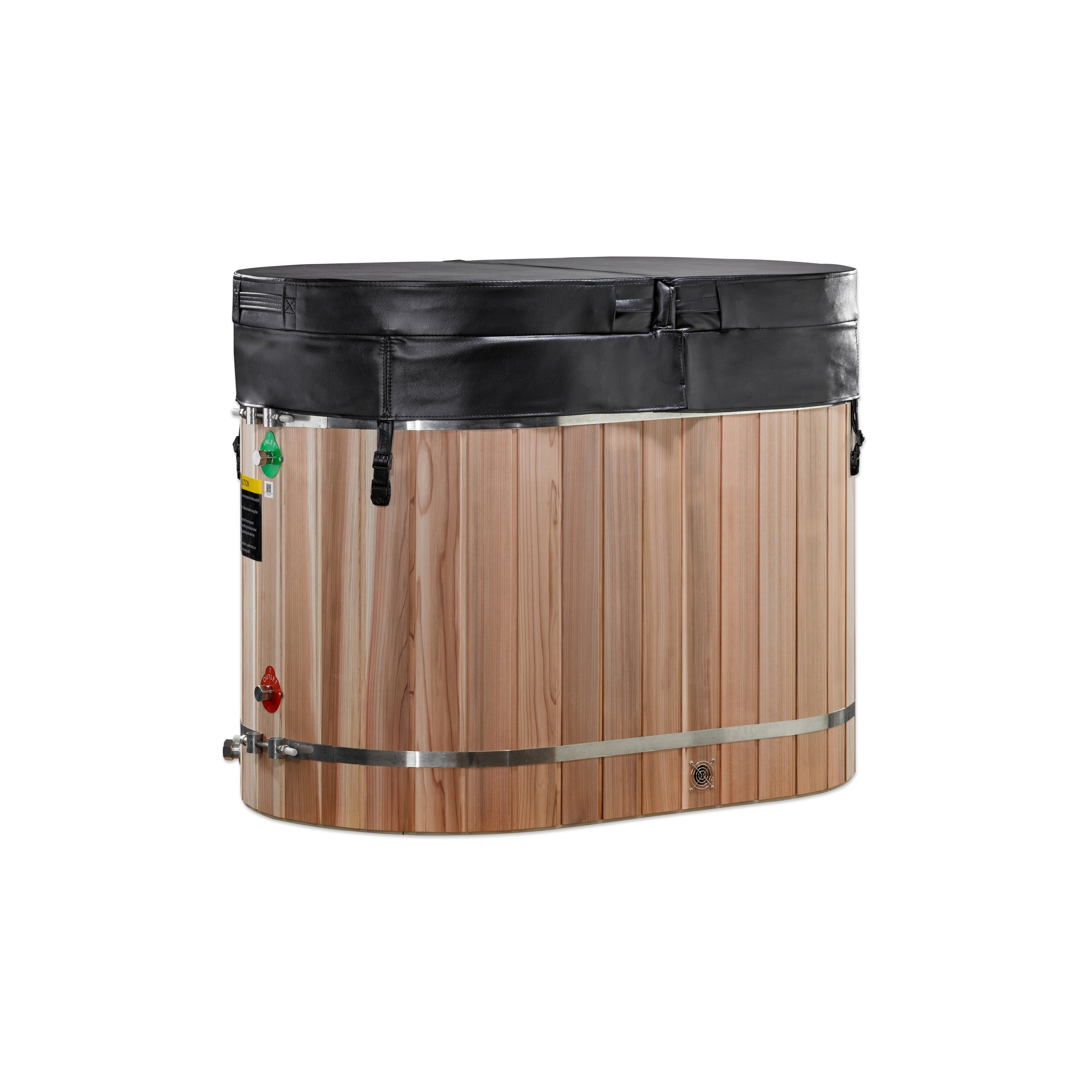 Wooden cold tub with black lid on a white background