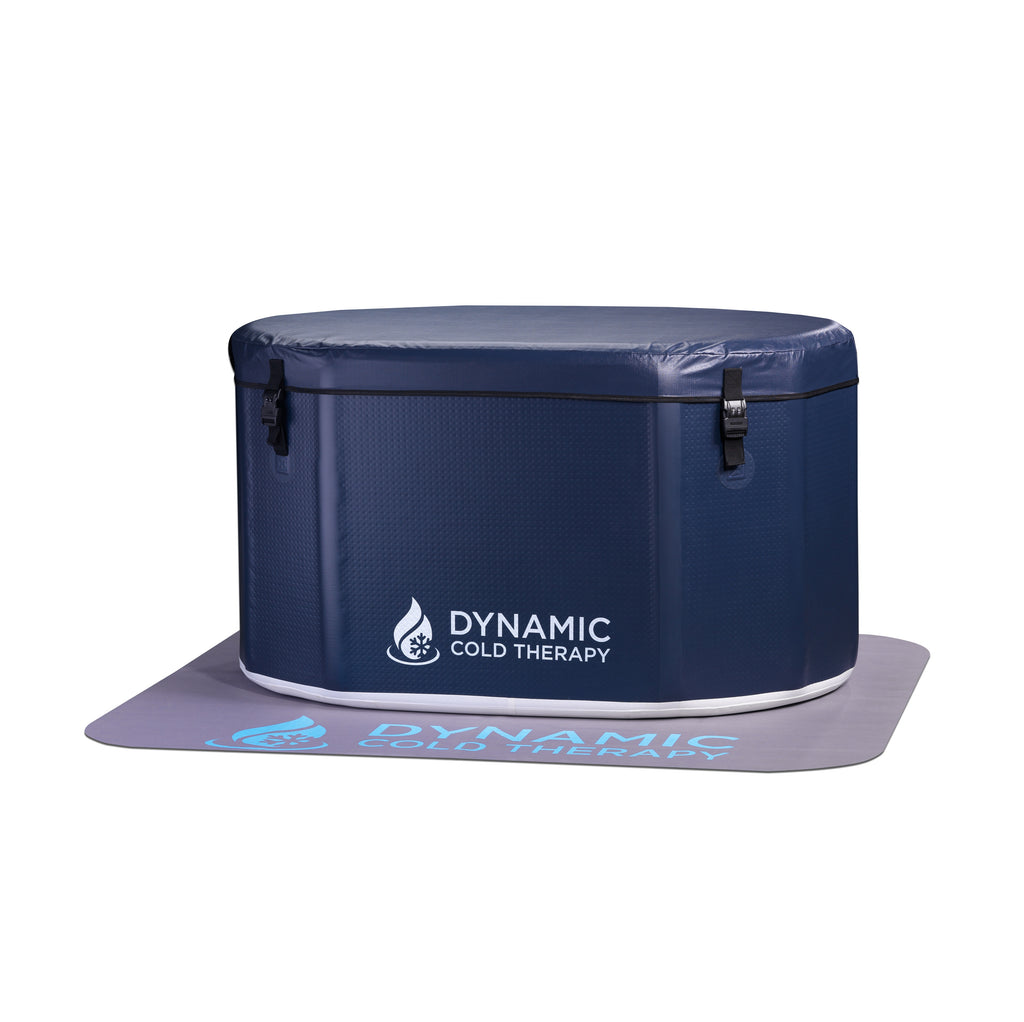 Blue cold therapy tub with 'Dynamic Cold Therapy' branding on a white background