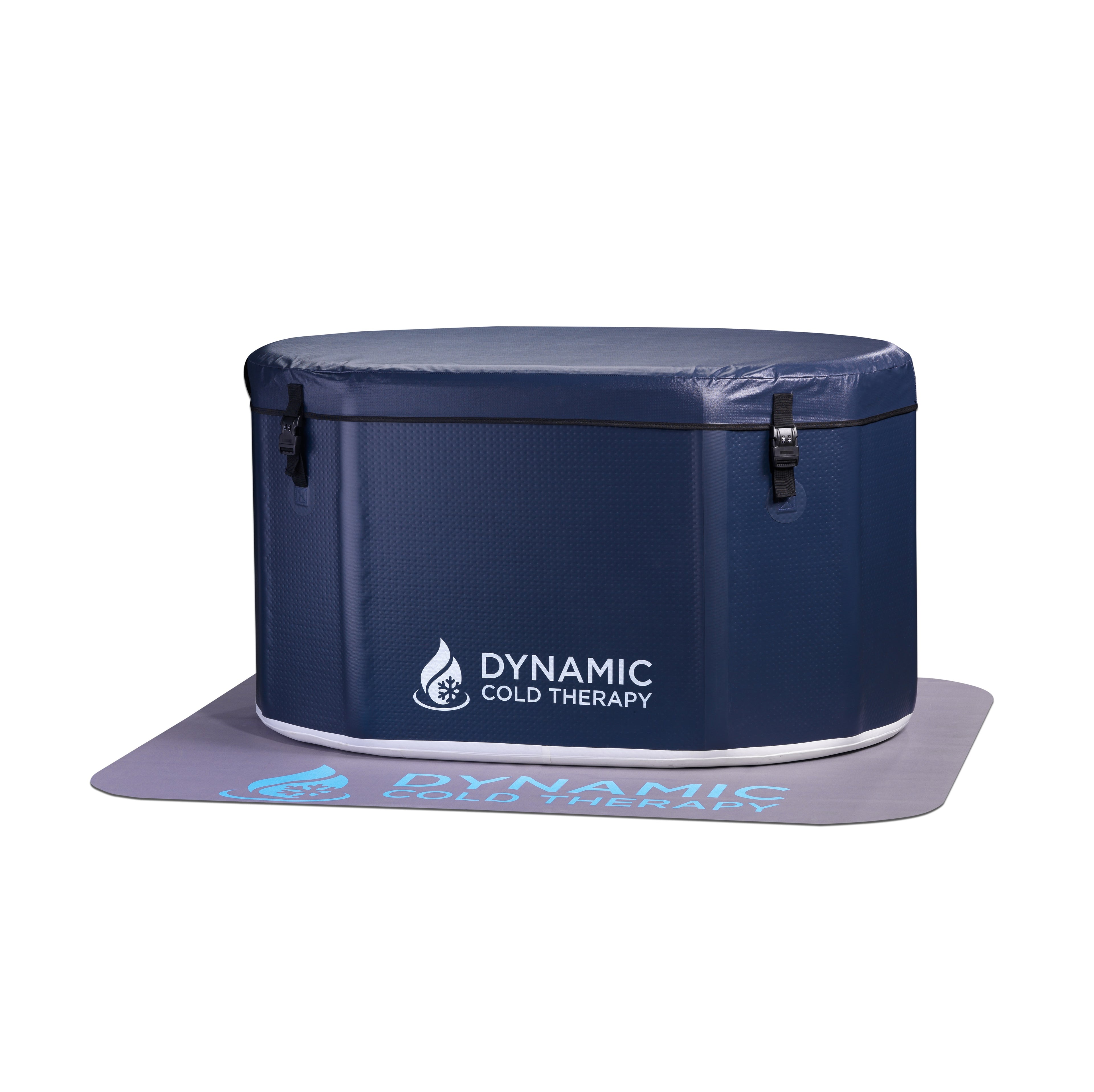 Blue cold therapy tub with 'Dynamic Cold Therapy' branding on a white background