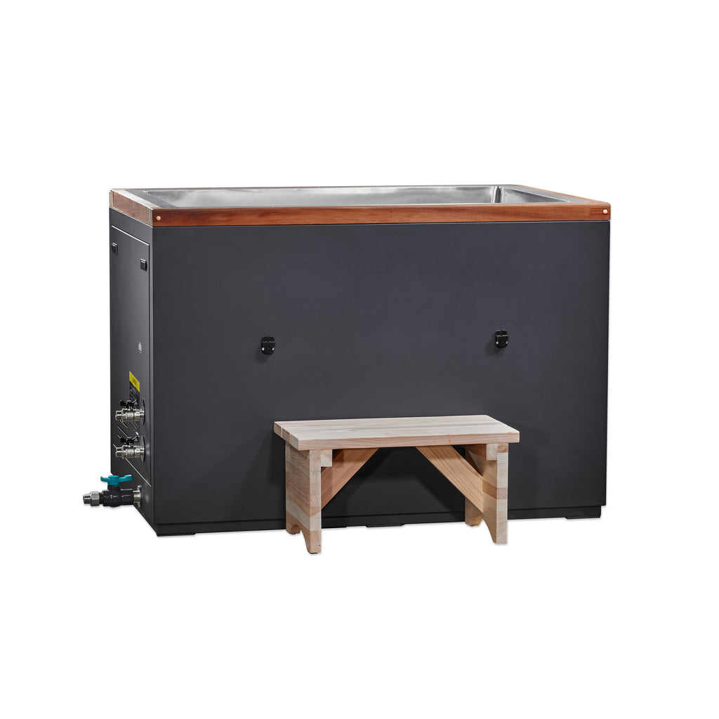 Large rectangular cold tub with wooden top and bench on a white background