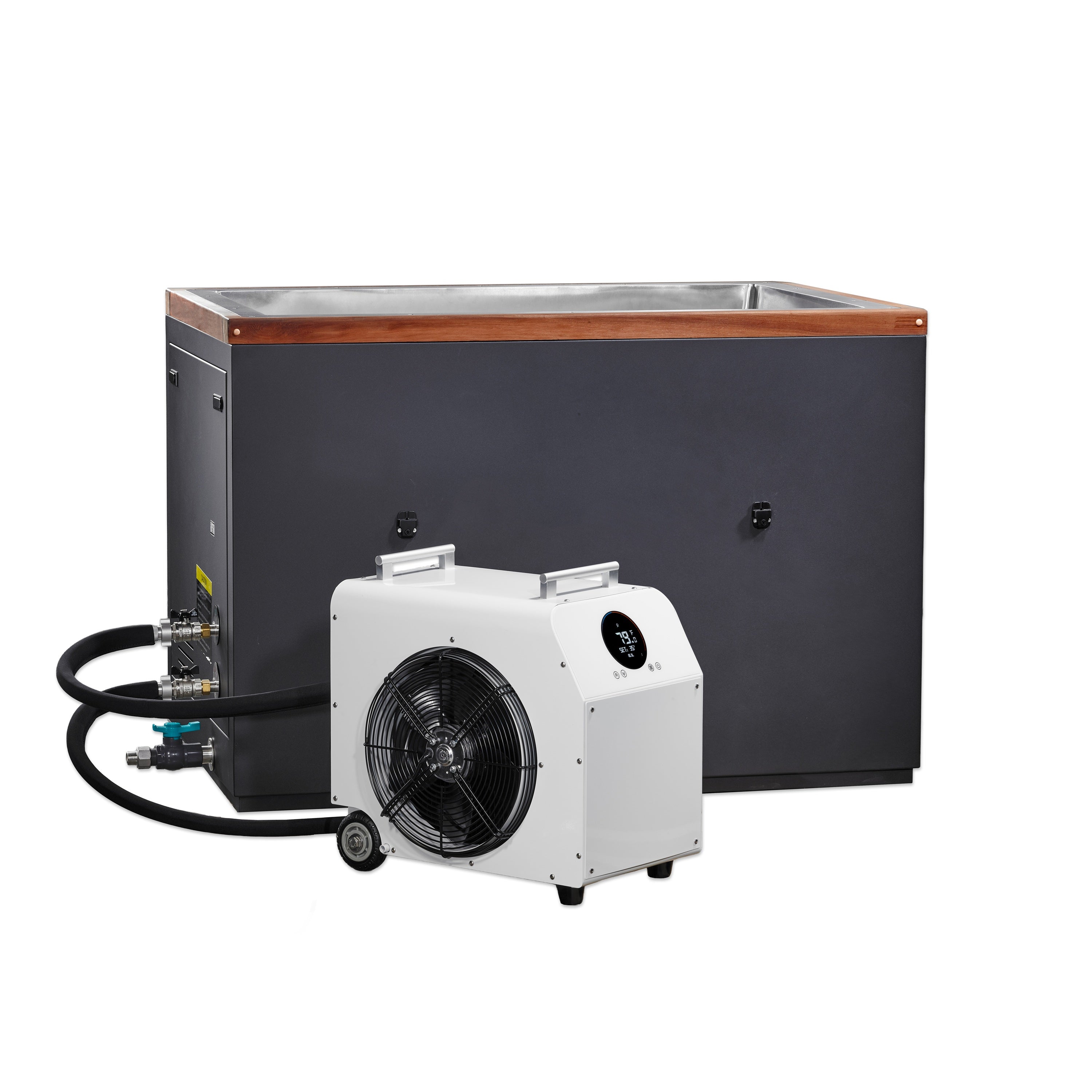 Industrial cooling system with a fan and cold tub on a white background