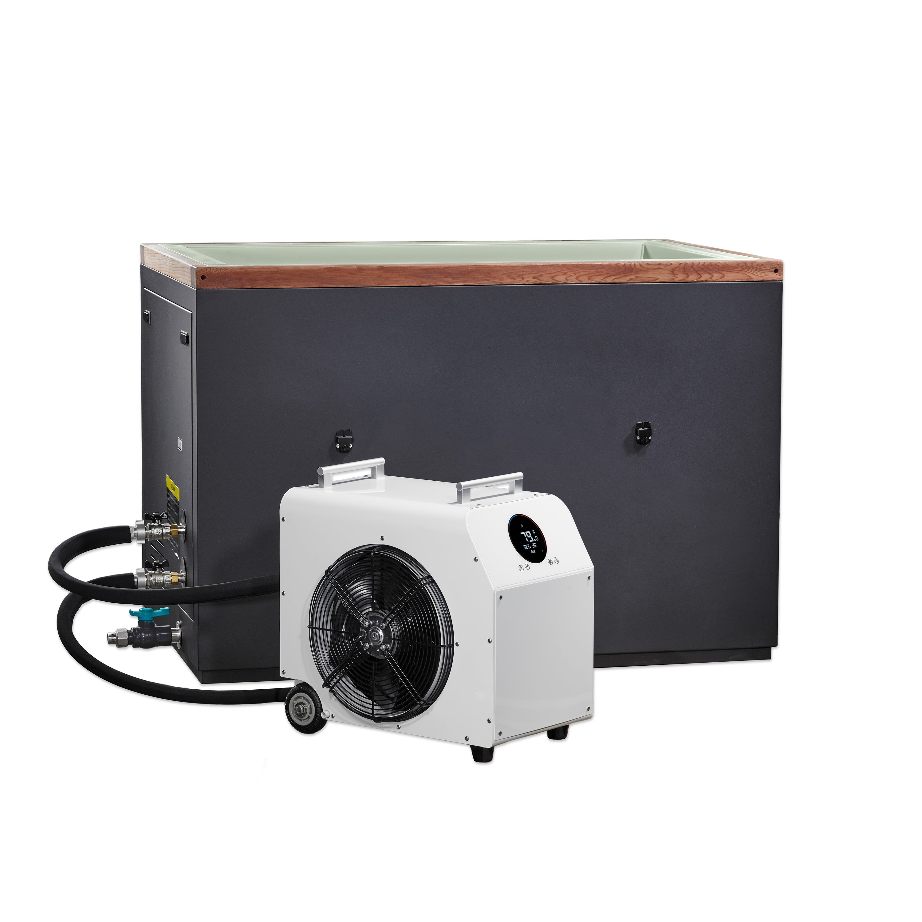 White chiller with black fan and hoses in front of a large black rectangular unit on a white background.