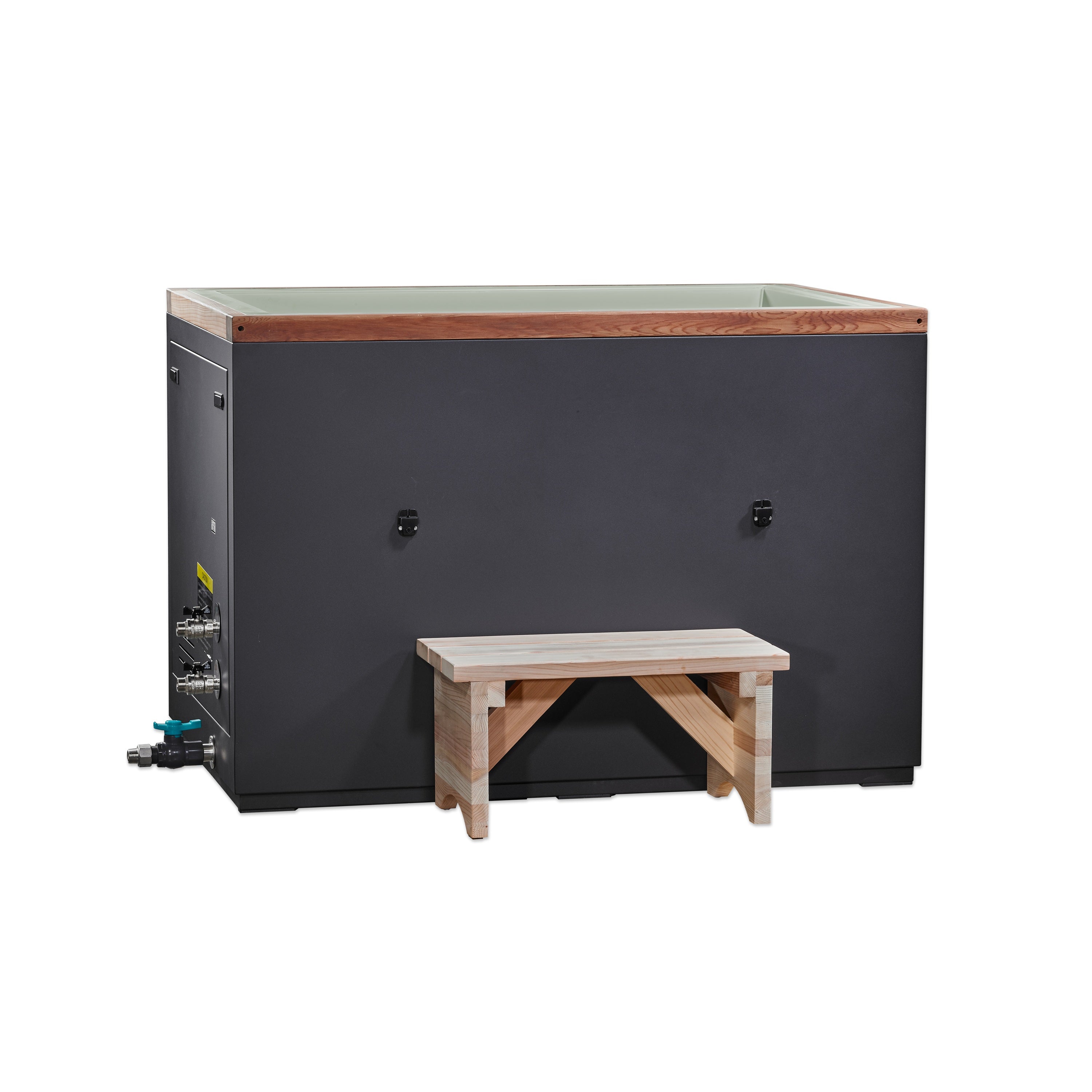Large rectangular cold tub with wooden bench on a white background