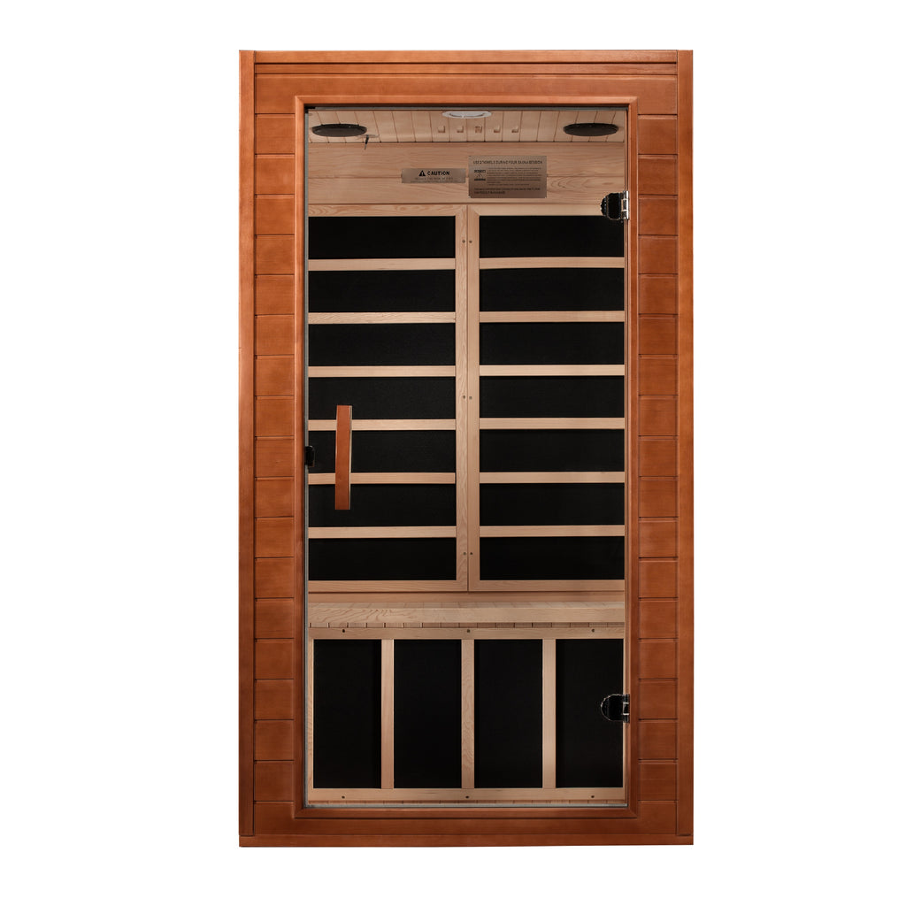 Wooden sauna door with glass panels on a white background