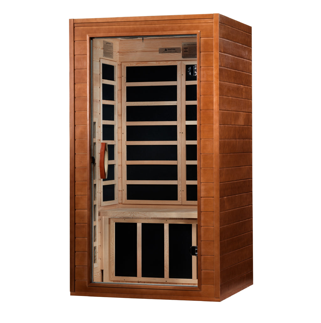 Wooden sauna with glass door on a white background
