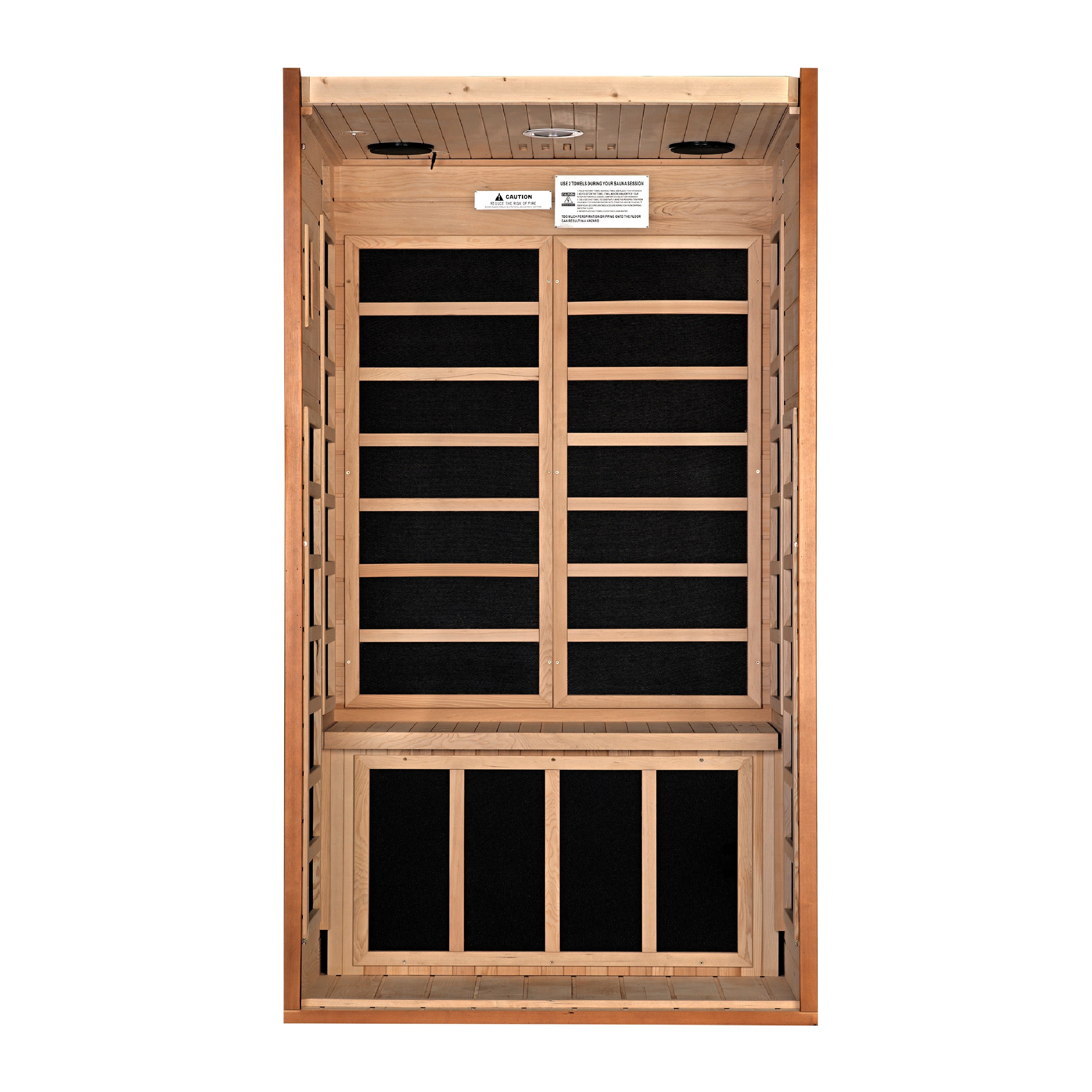 Infrared sauna with wooden interior and black panels on a white background