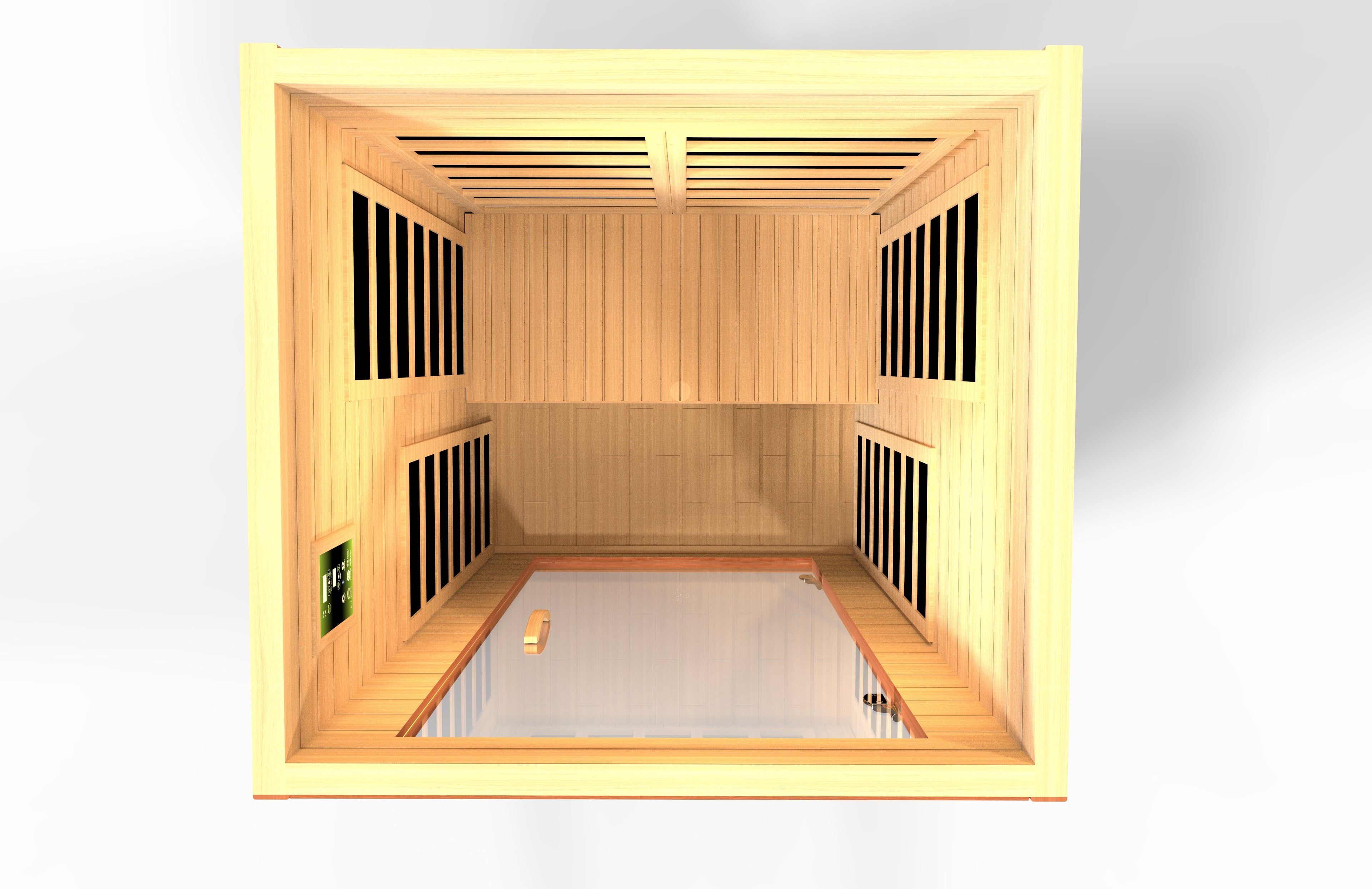 Top View Wooden sauna with a light interior on a white background