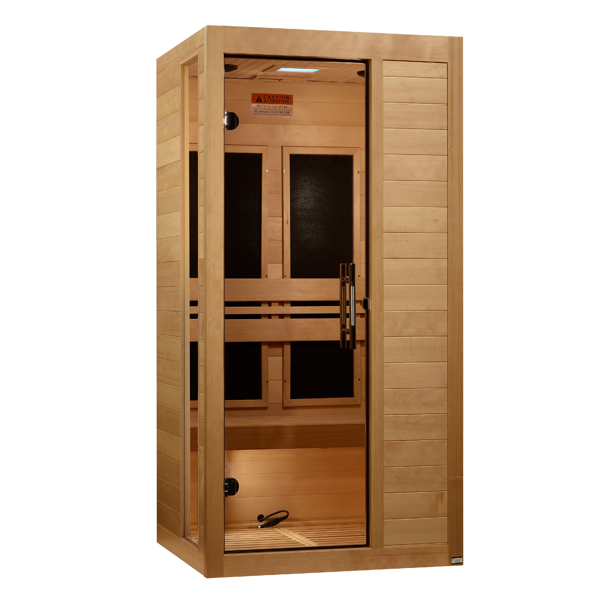 Wooden sauna with glass door on a white background