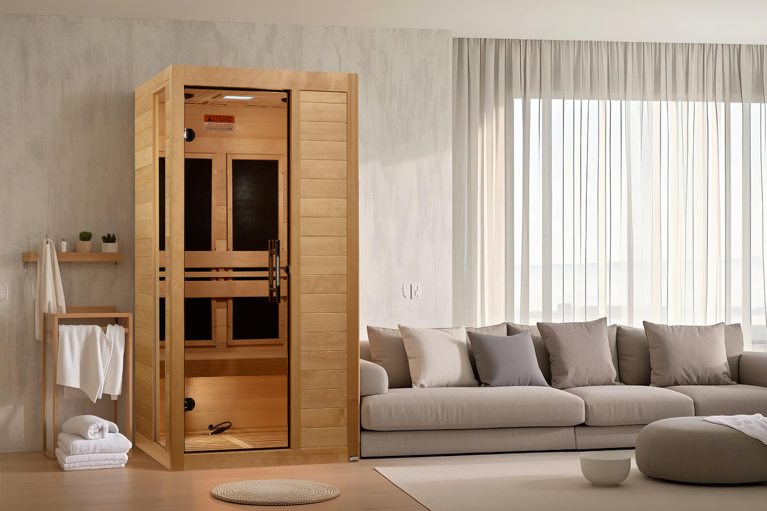 Infrared sauna in a modern living room with a sofa and decor.