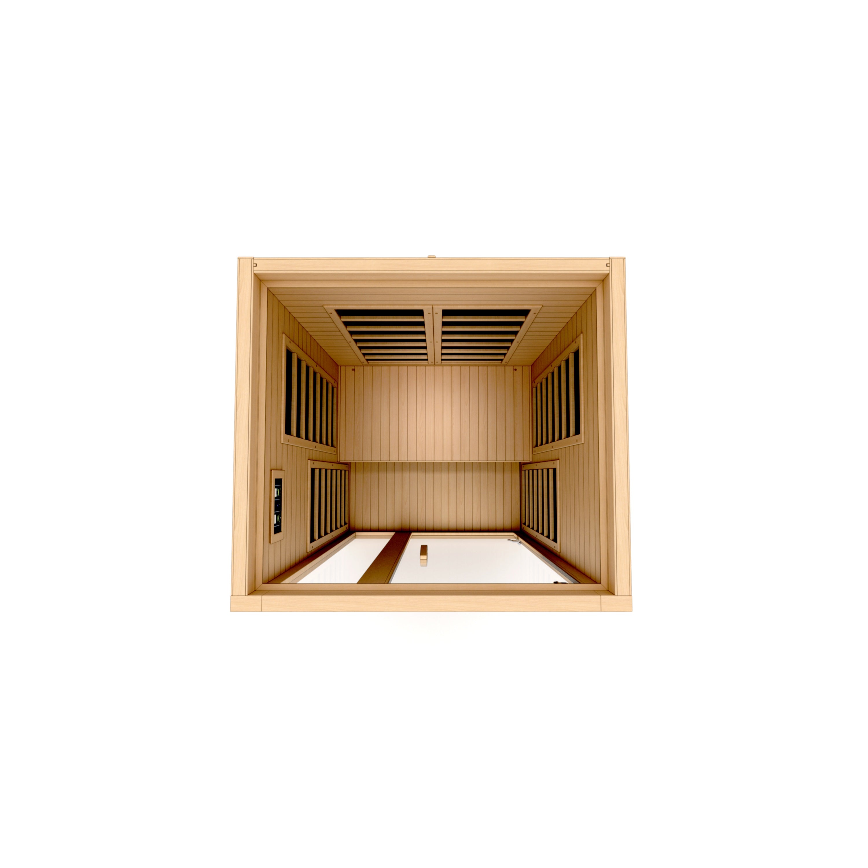 Top View Wooden sauna interior with a white floor on a white background