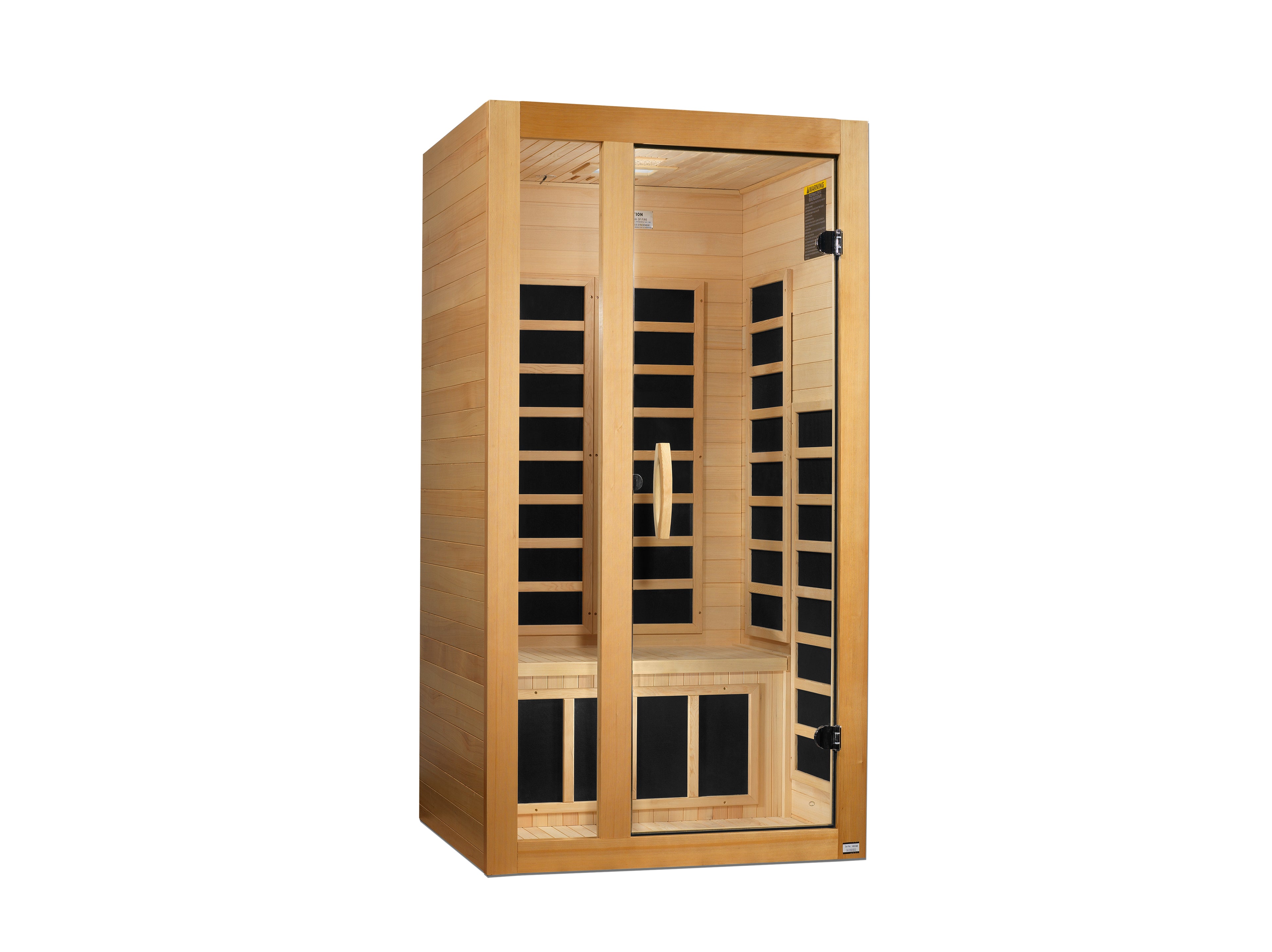 Wooden sauna with glass door on a white background