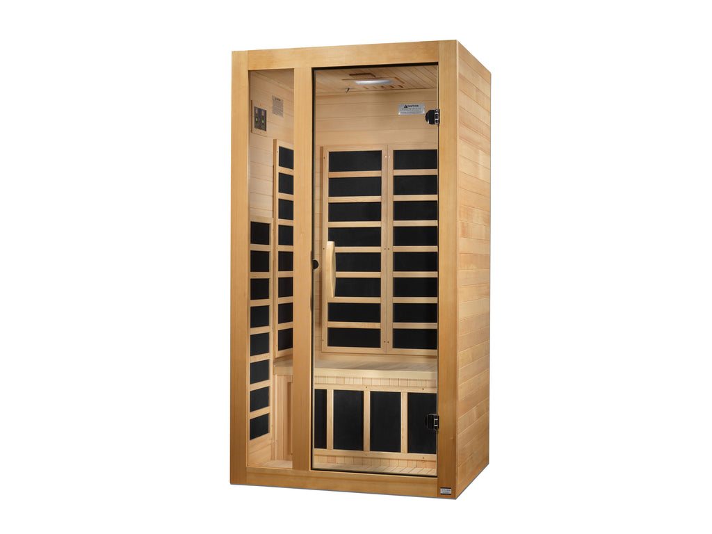 Wooden infrared sauna with glass doors on a white background