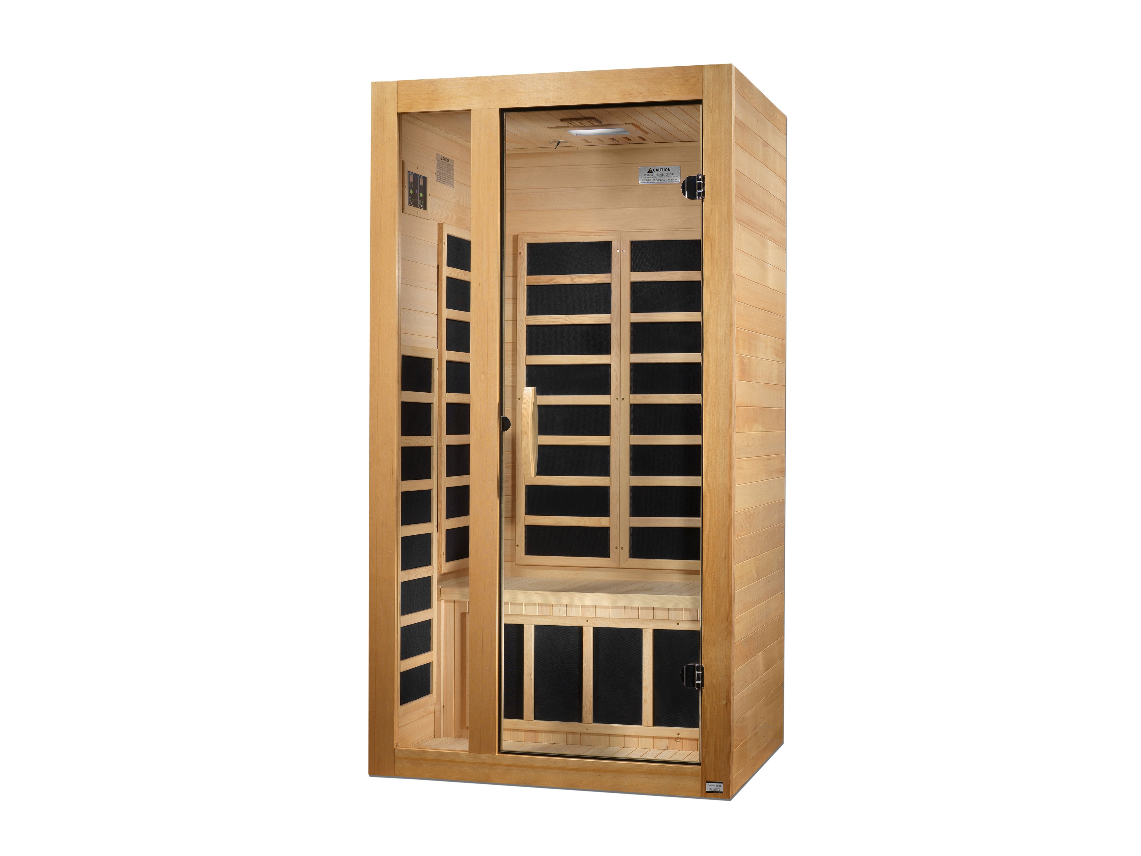 Wooden infrared sauna with glass doors on a white background
