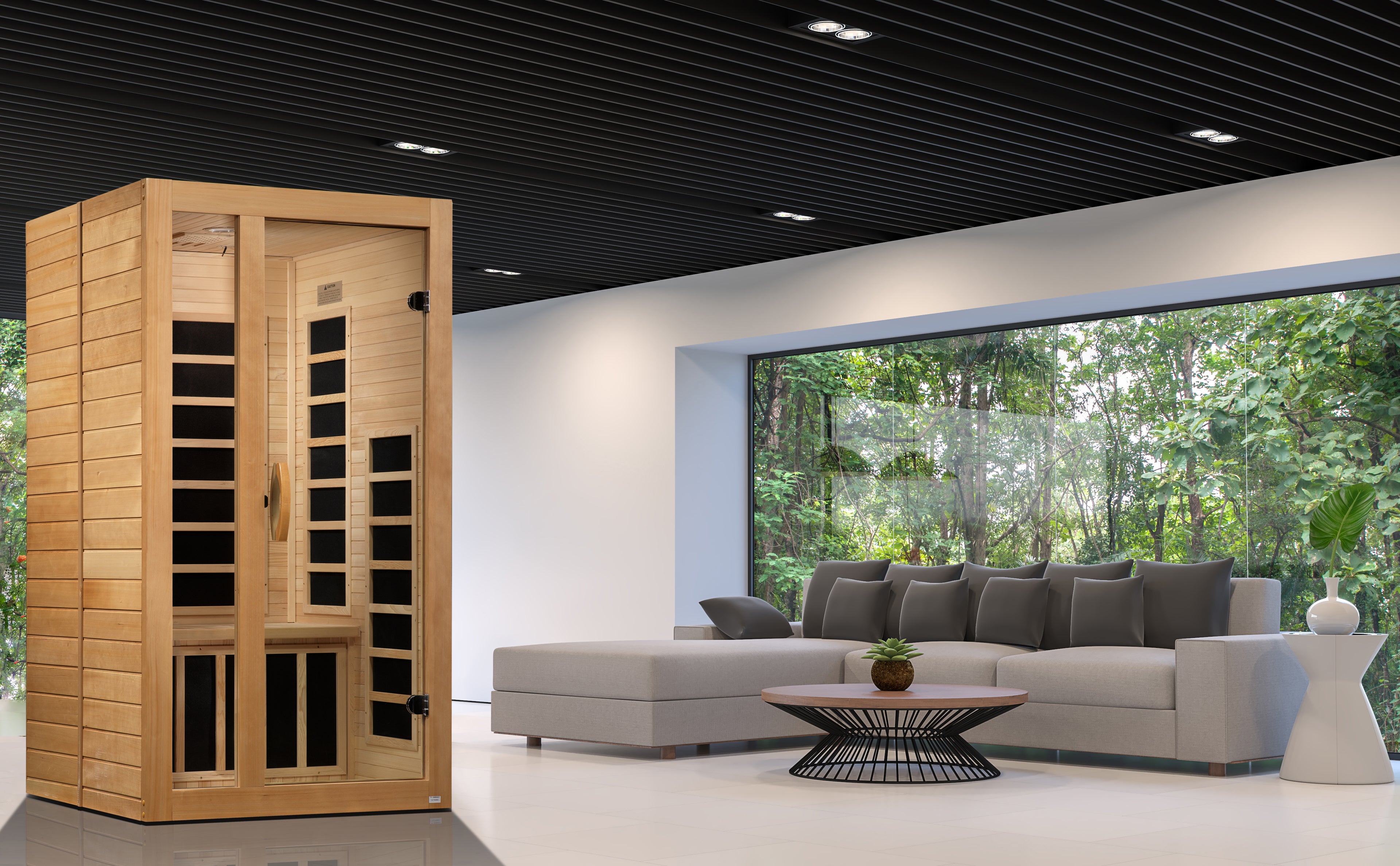 Infrared sauna in a modern living room with a large window view.