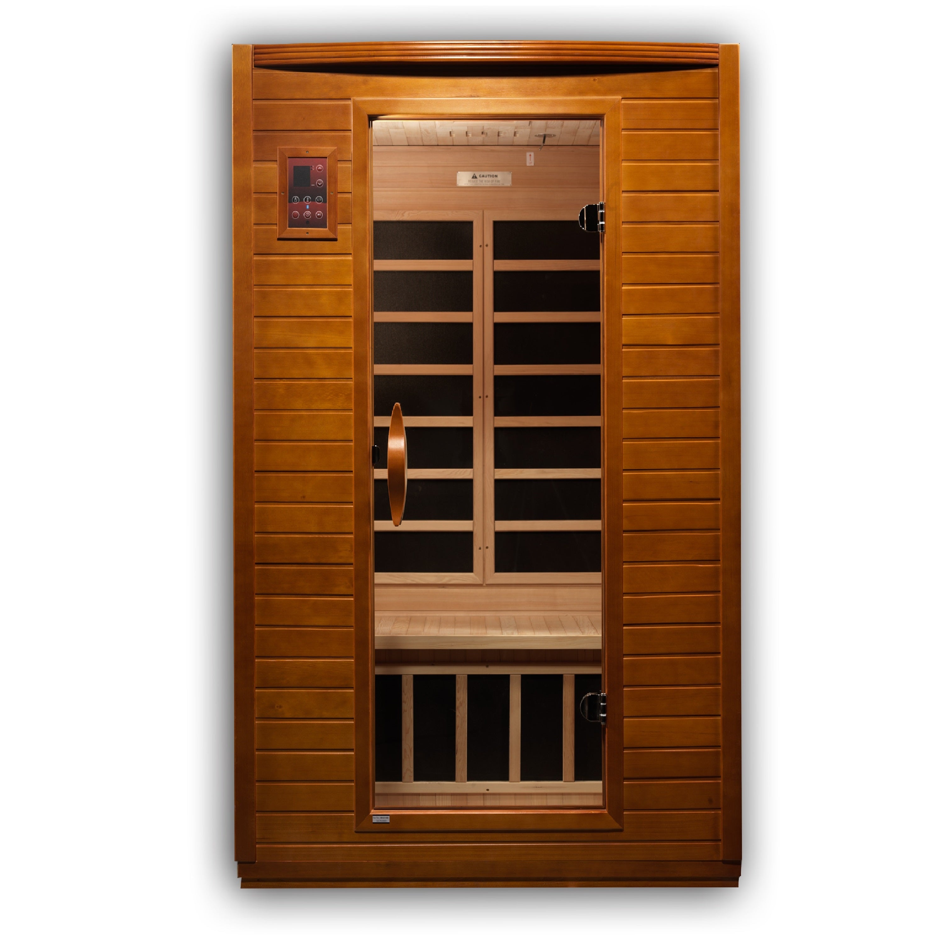 Front of wooden sauna with glass door