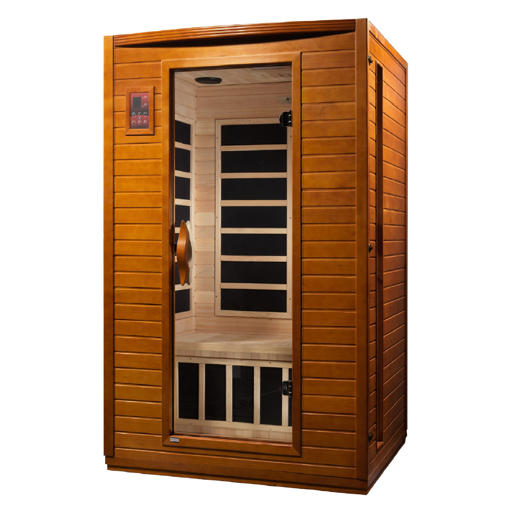 Wooden infrared sauna with glass door on a white background