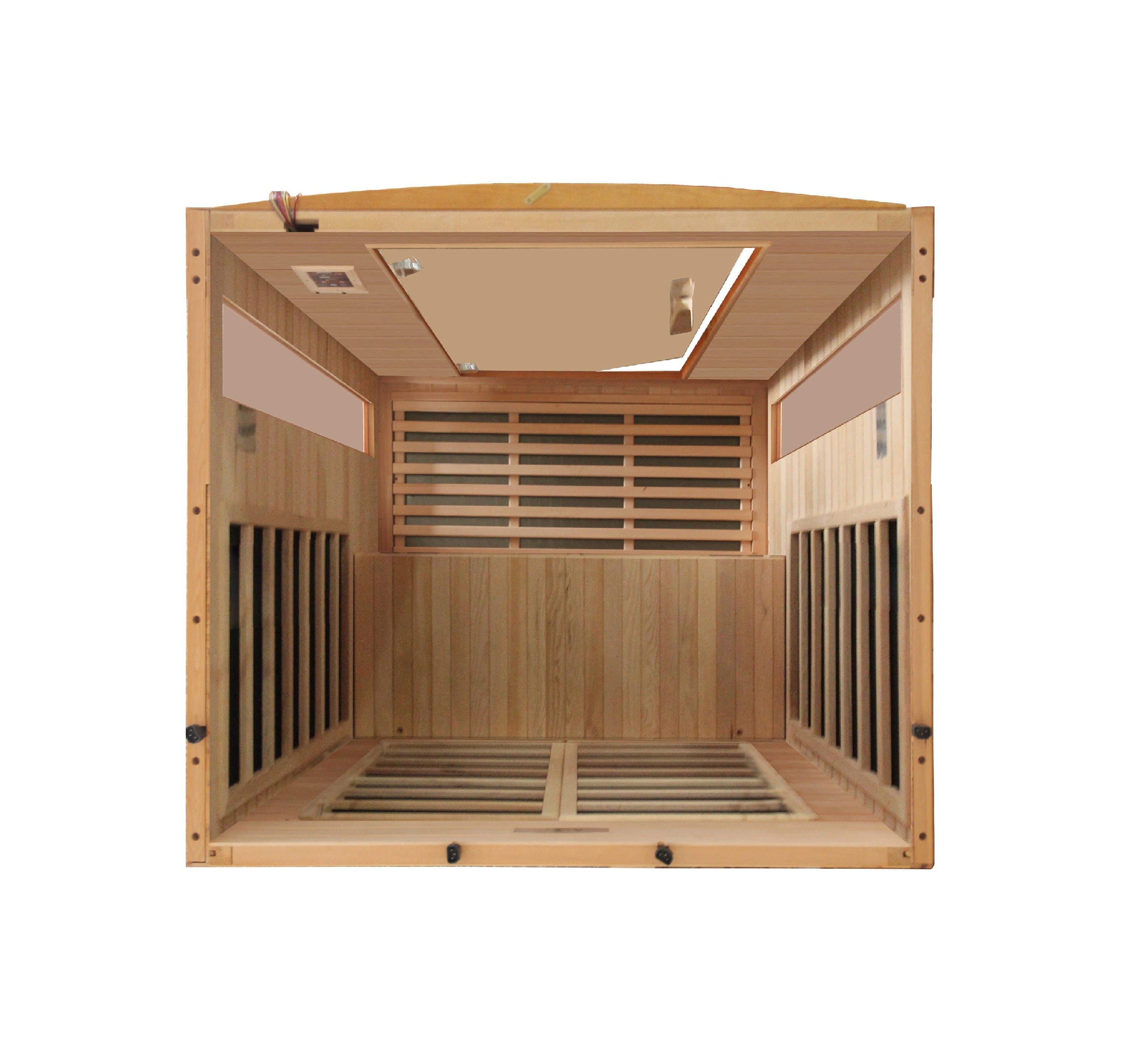 Top View of Wooden sauna with slatted design on a white background