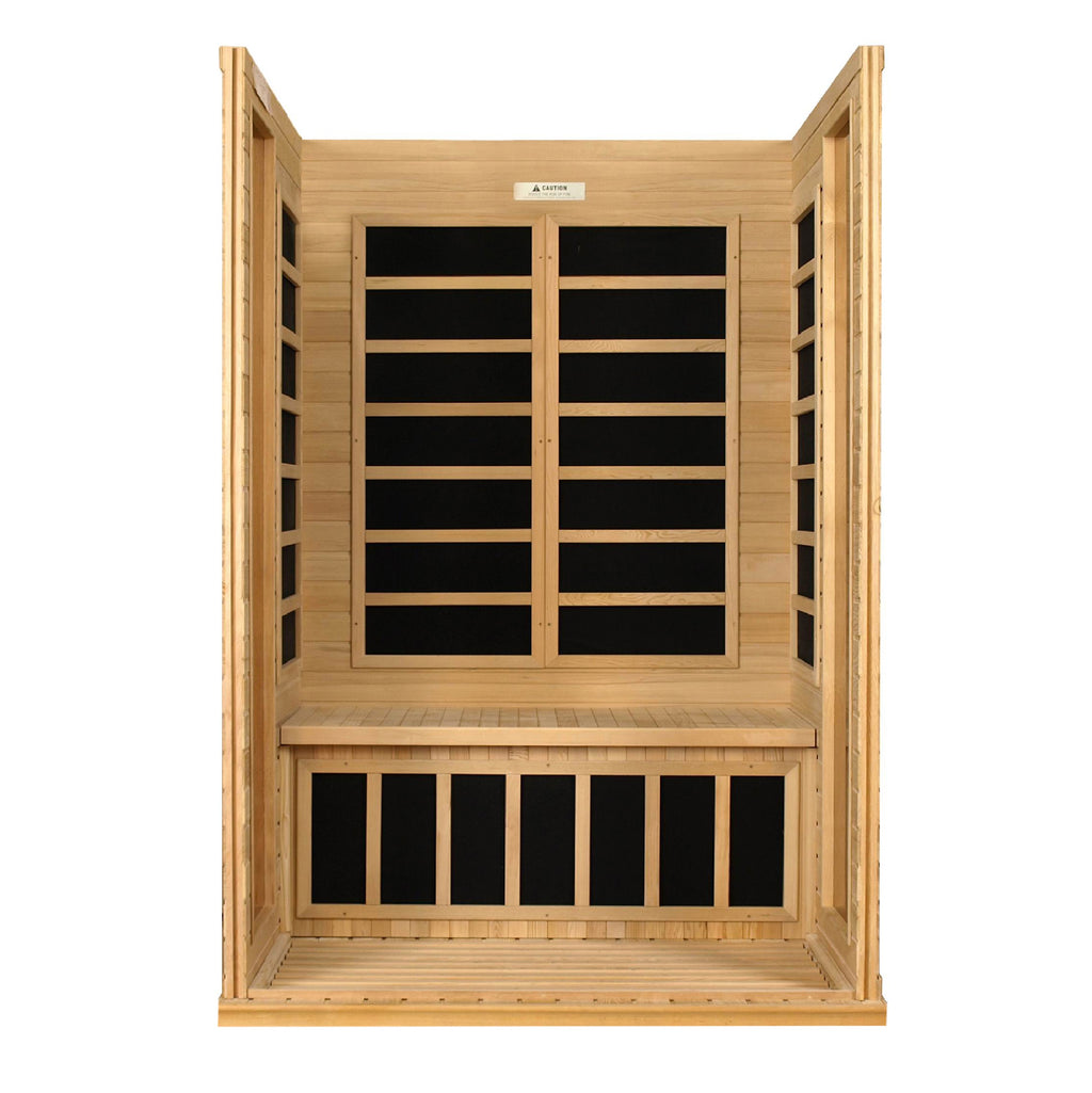 Wooden infrared sauna with black interior panels on a white background