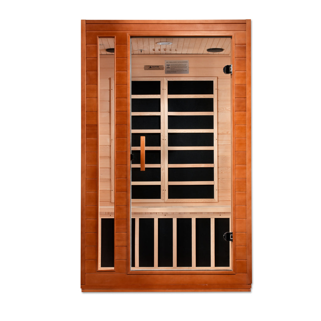 Infrared sauna with wooden frame and glass panels on a white background