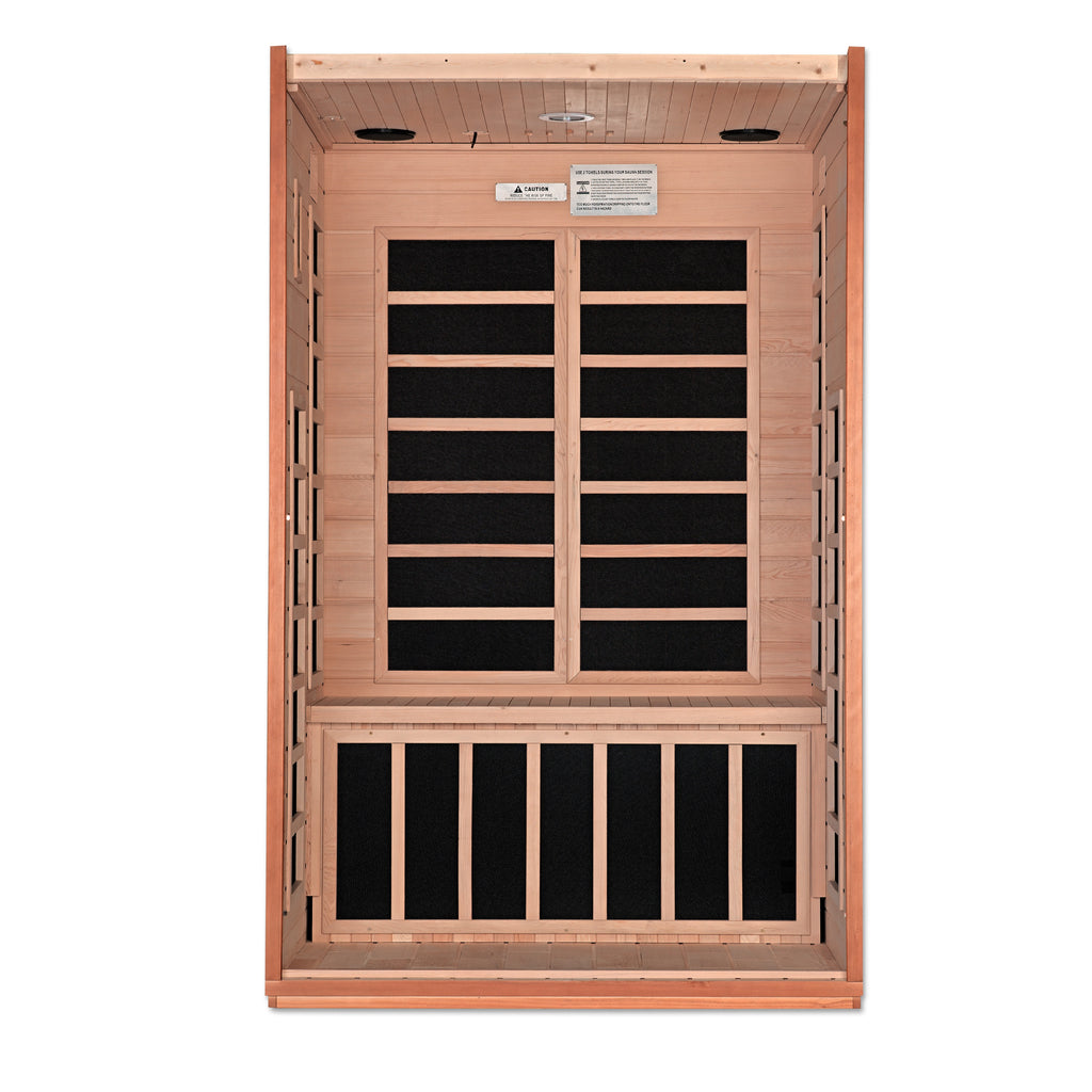 Wooden sauna with black interior on a white background