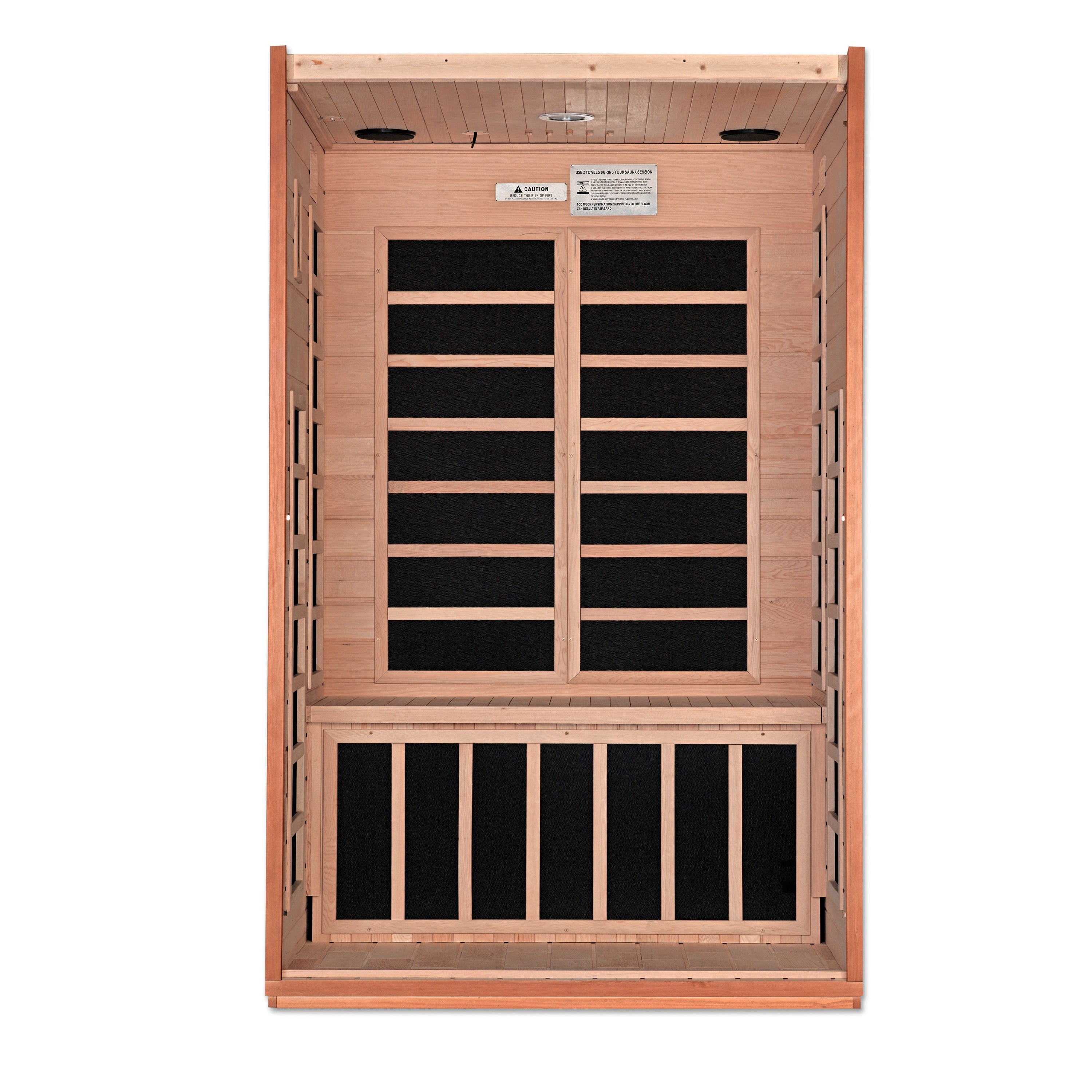 Wooden sauna with black interior on a white background