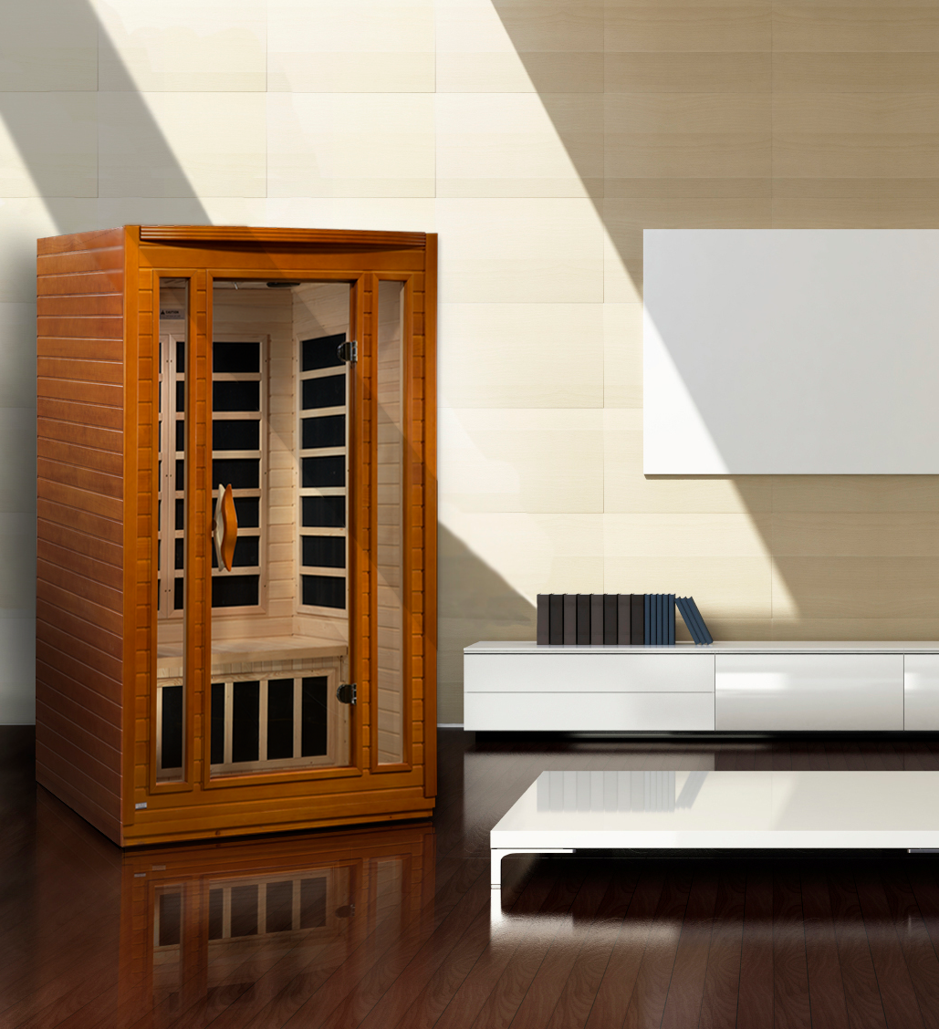 Wooden sauna with glass door in living room