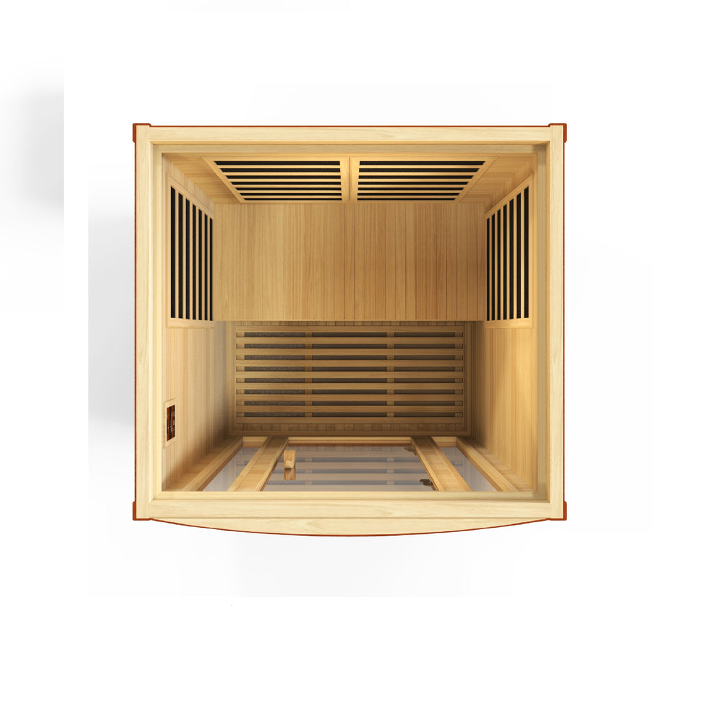Wooden sauna with glass door top view