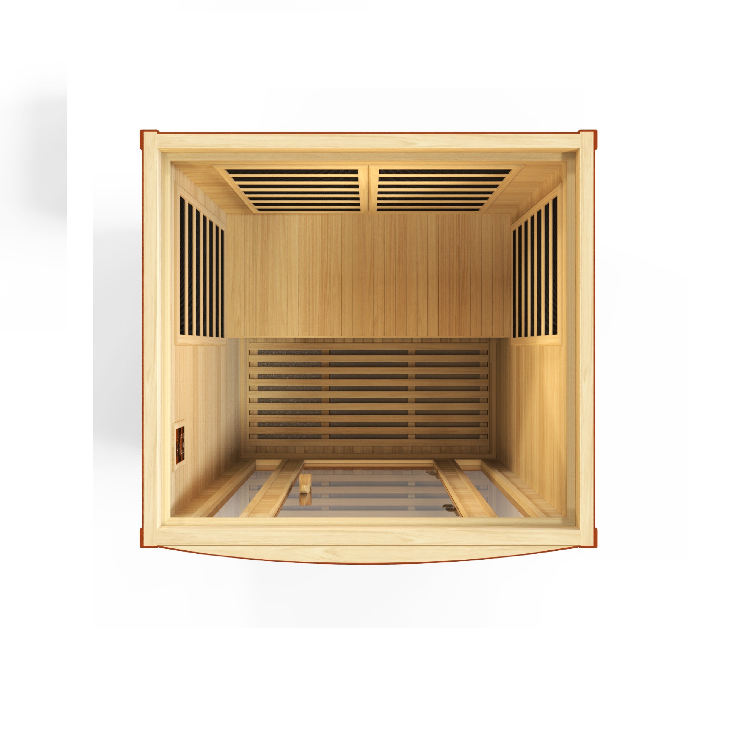 Wooden sauna with glass door top view