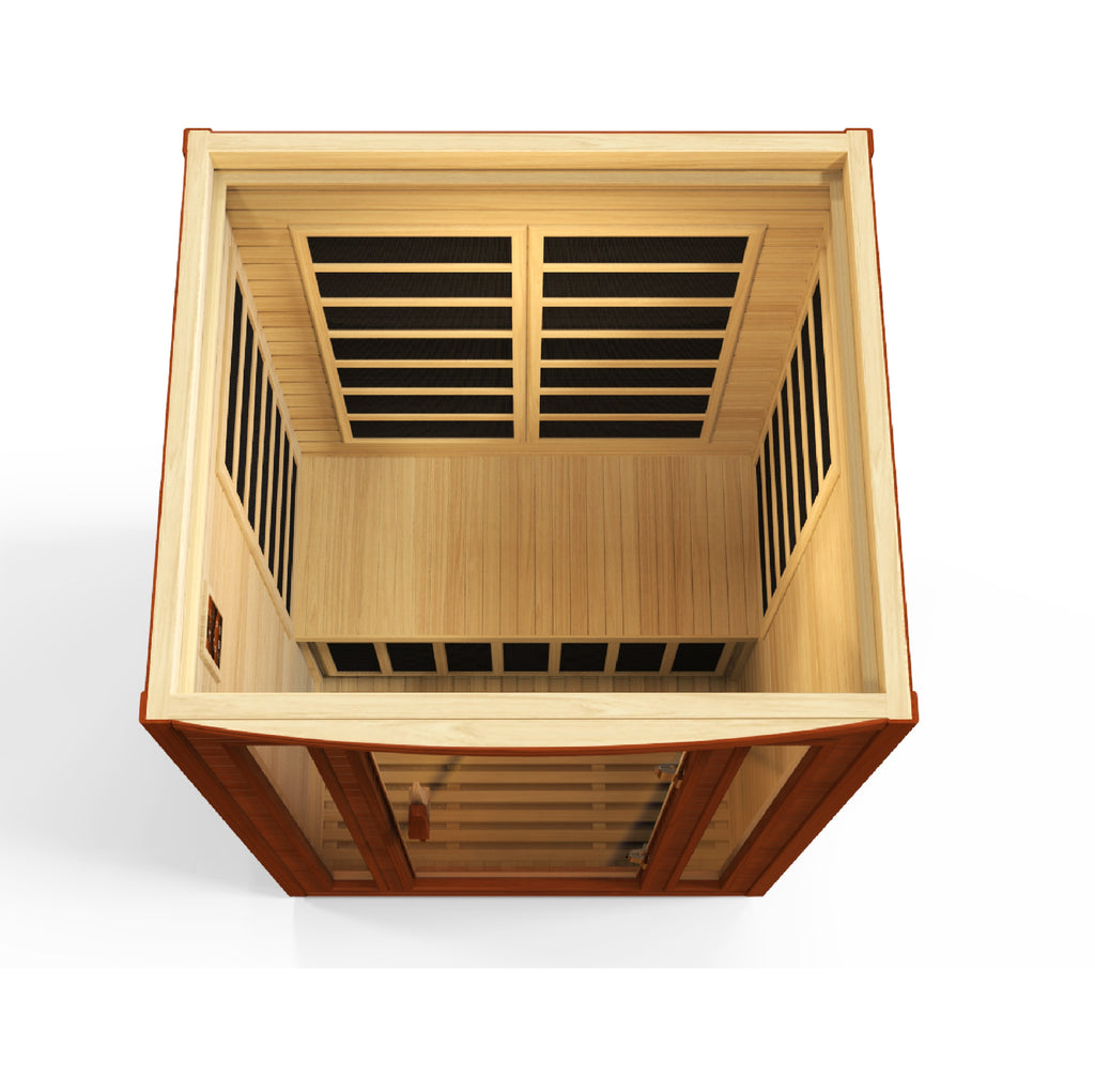 Wooden sauna with glass door top view