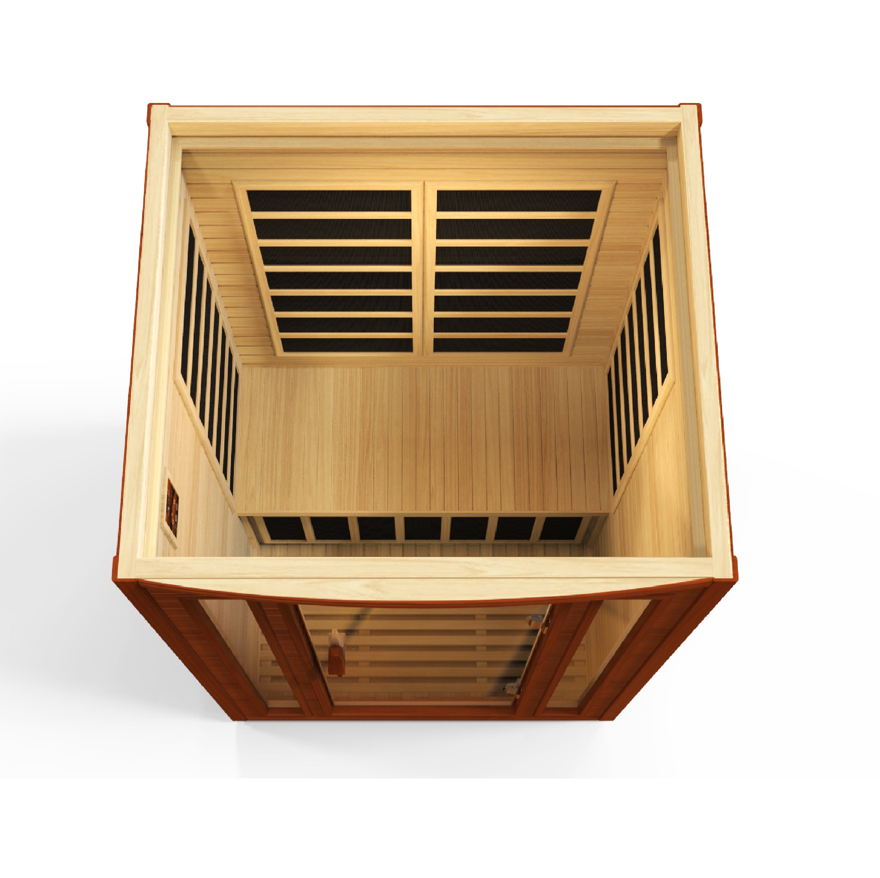 Wooden sauna with glass door top view