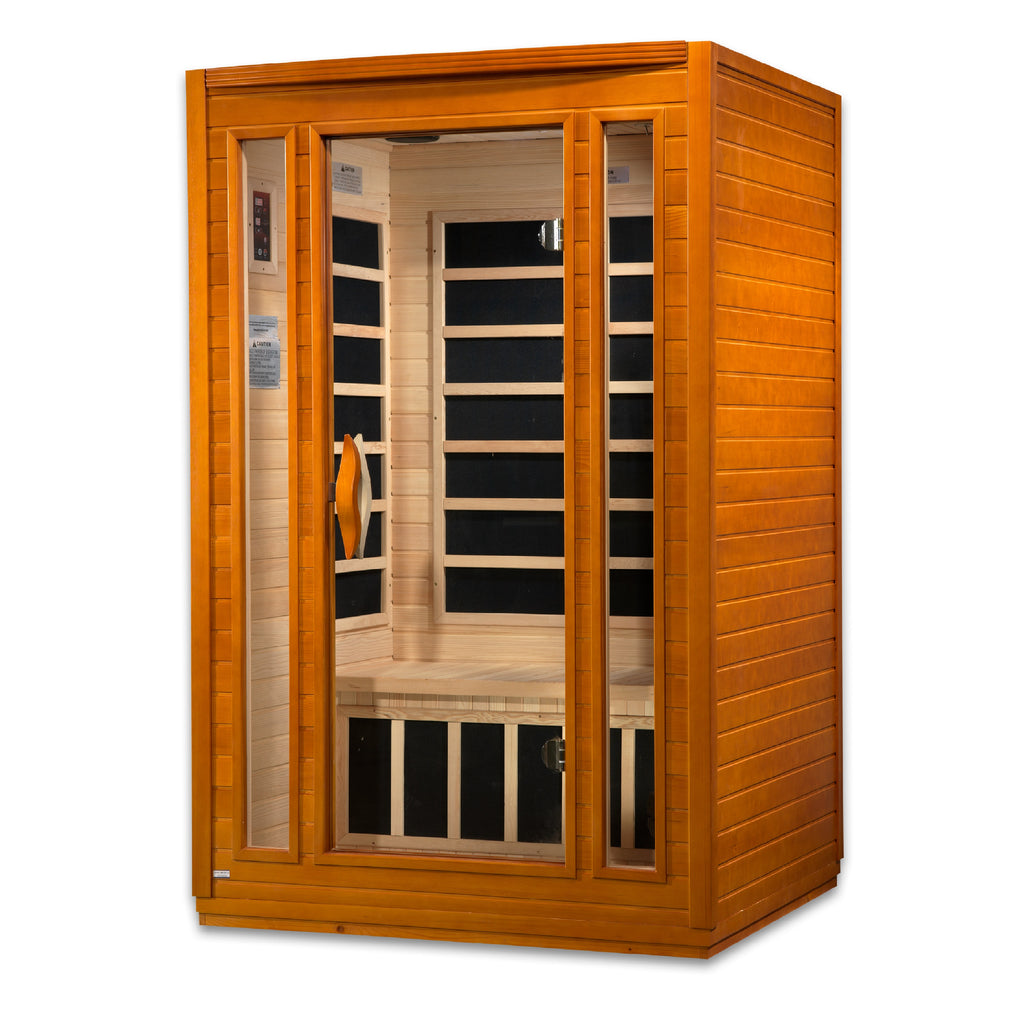 Wooden sauna with glass door