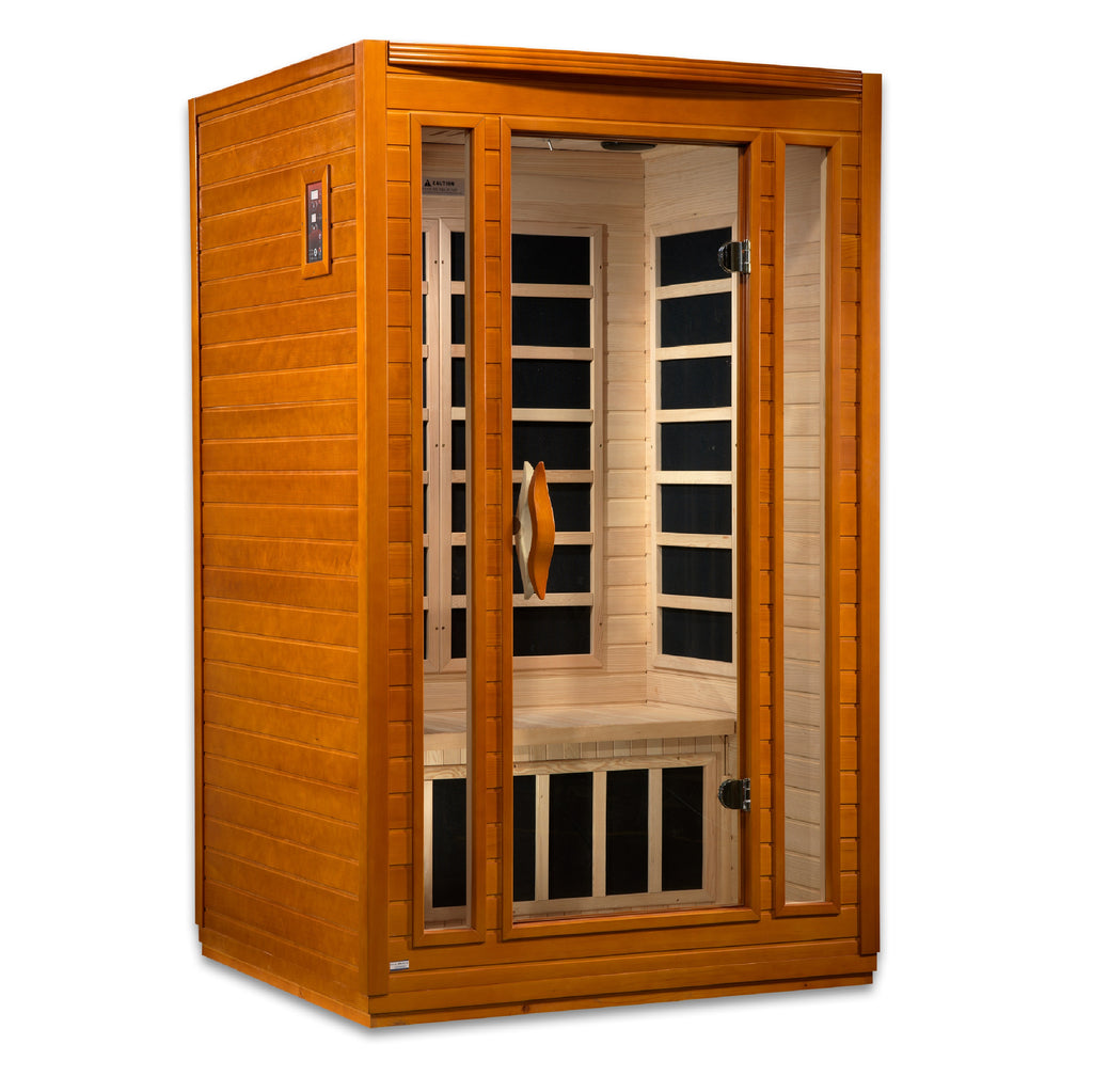 Wooden sauna with glass door