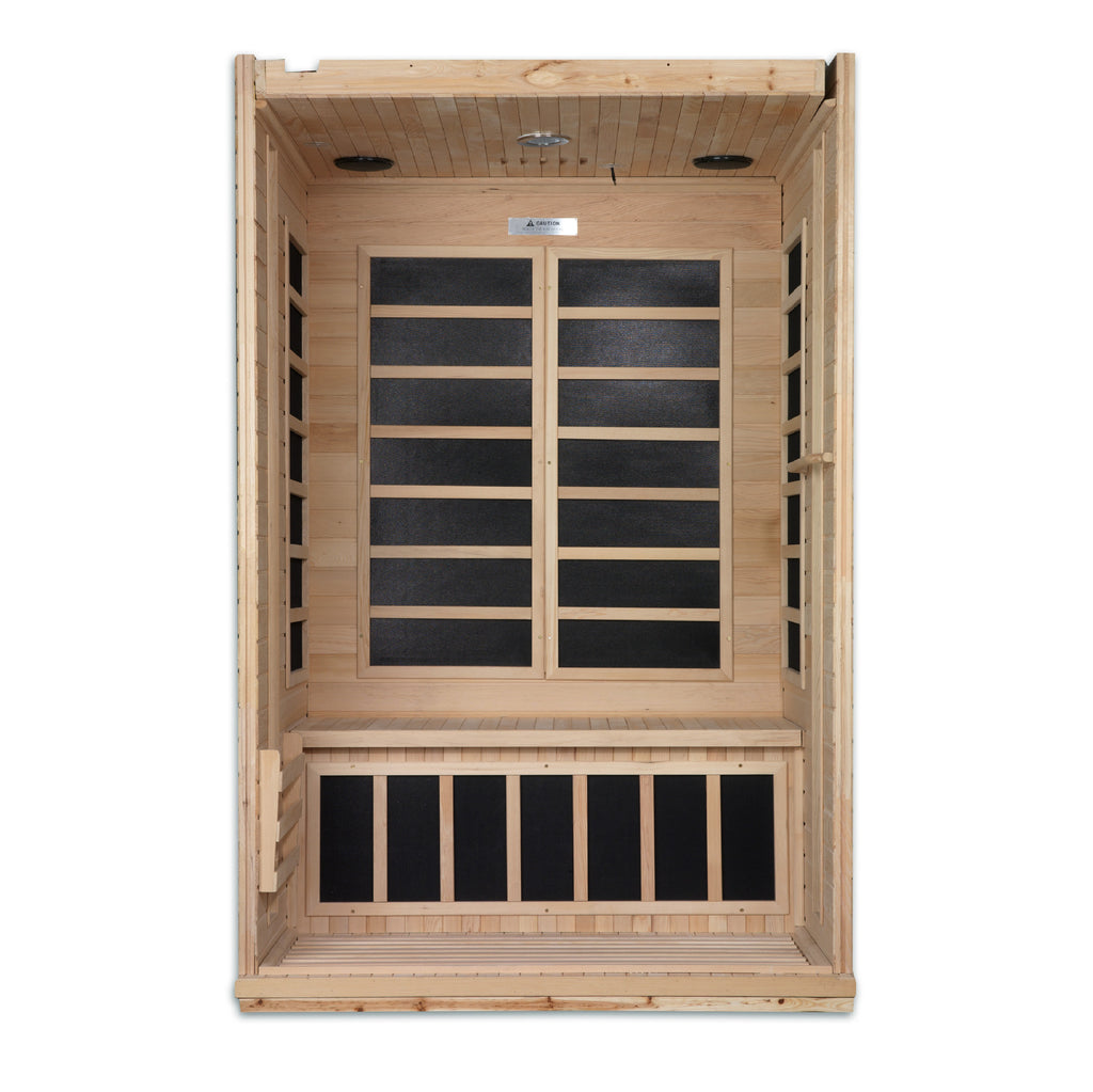 Wooden sauna with glass panels on a white background