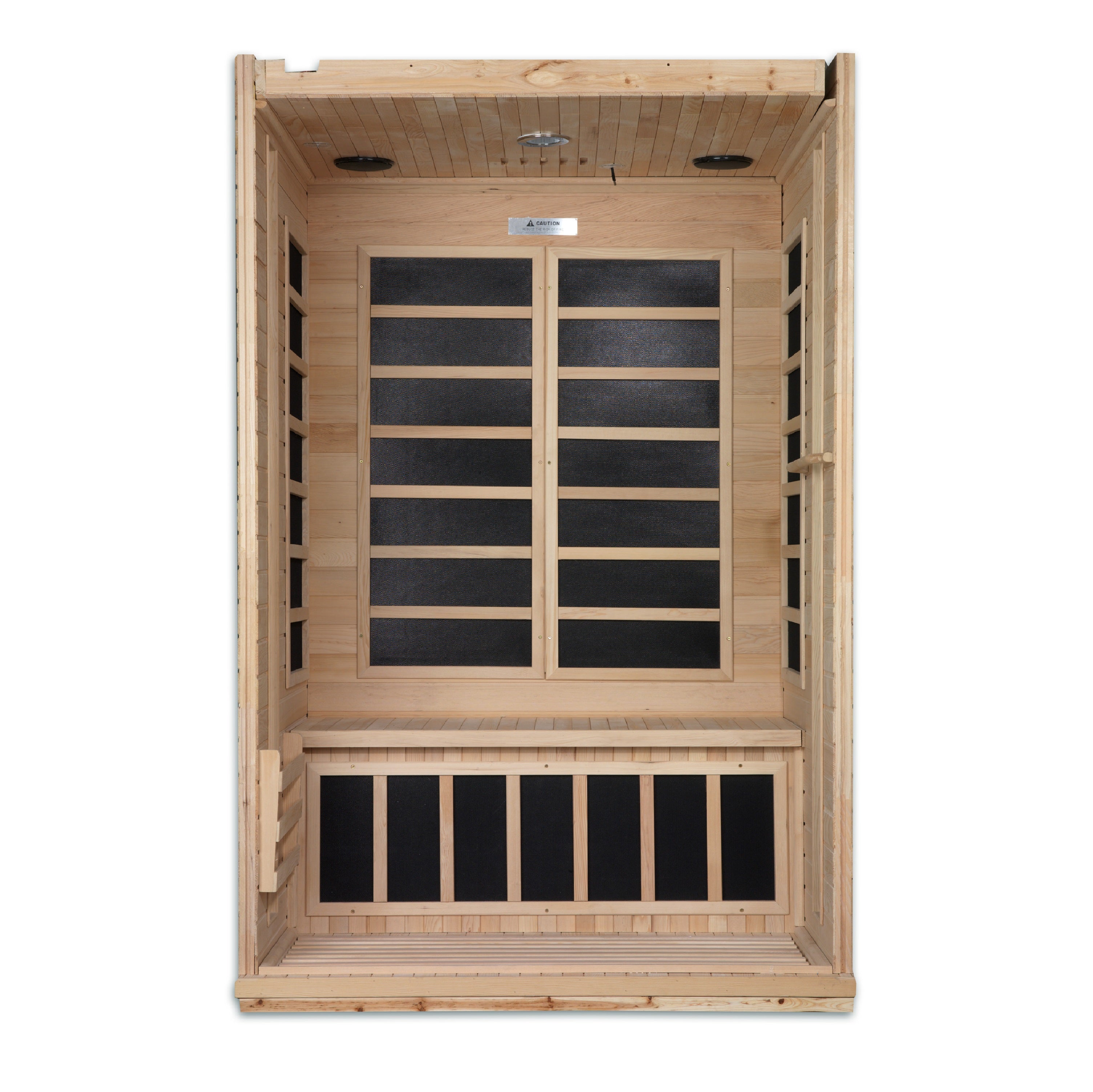 Wooden sauna with glass panels on a white background