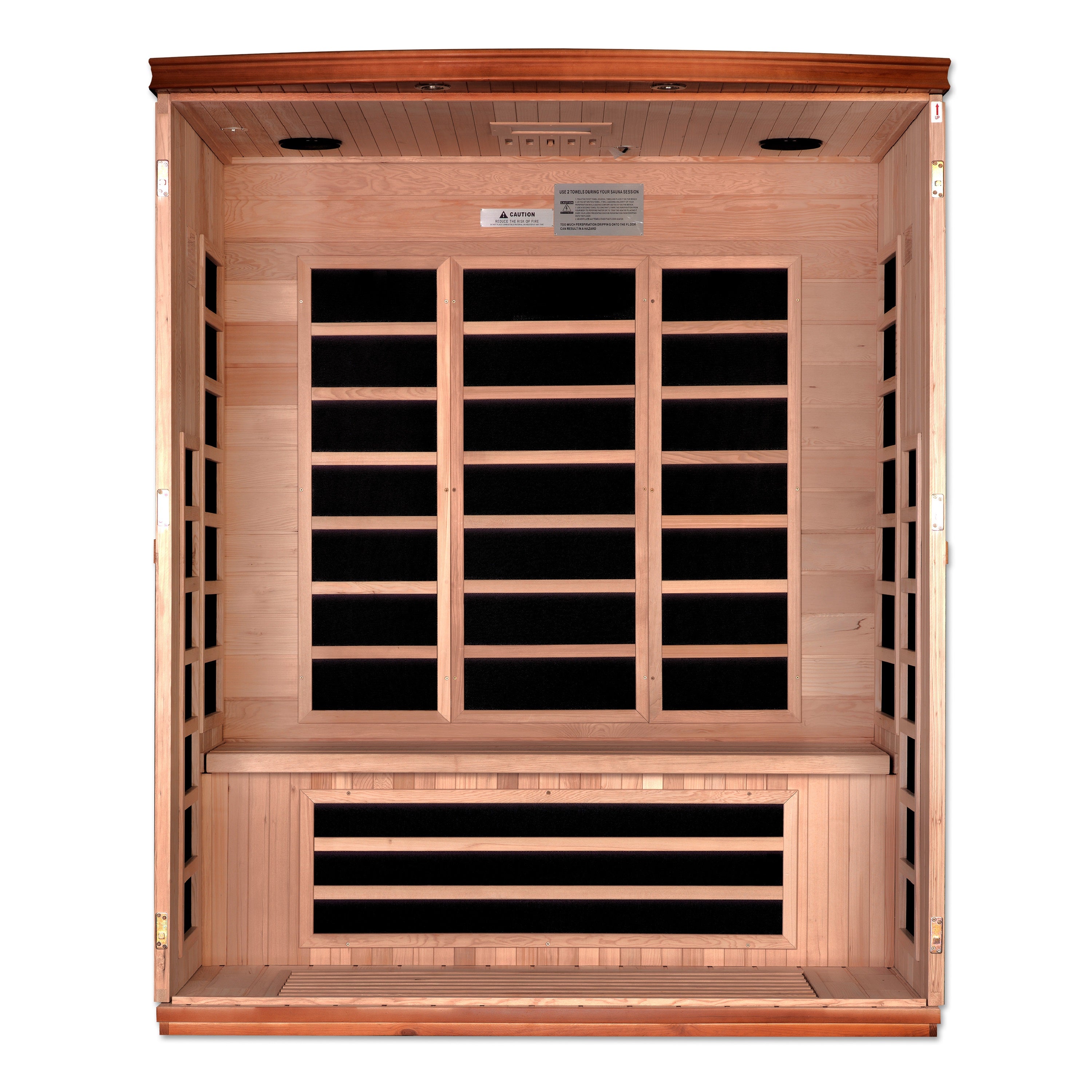 Wooden sauna with black interior on a white background