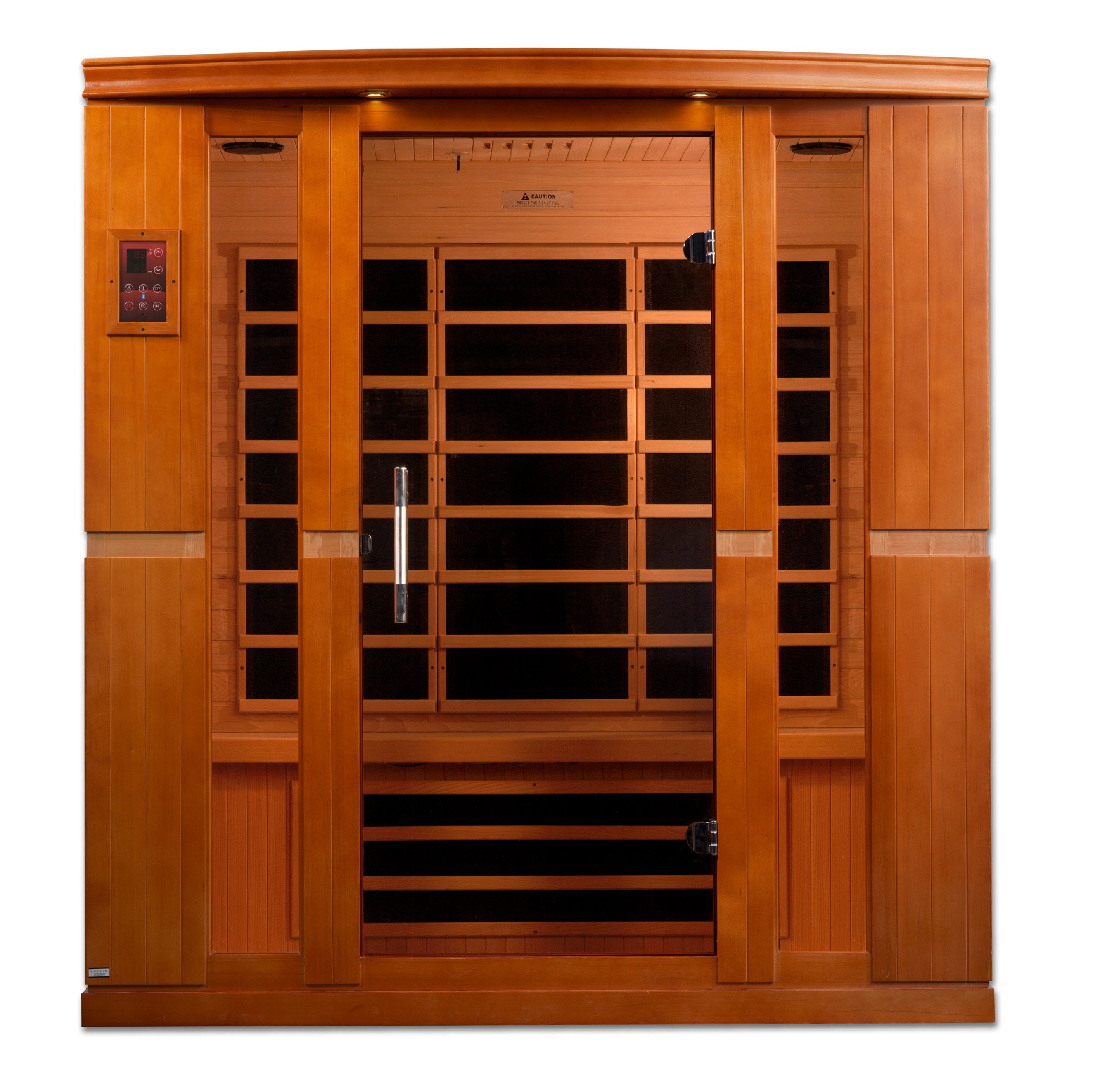 Wooden sauna with glass panels on a white background