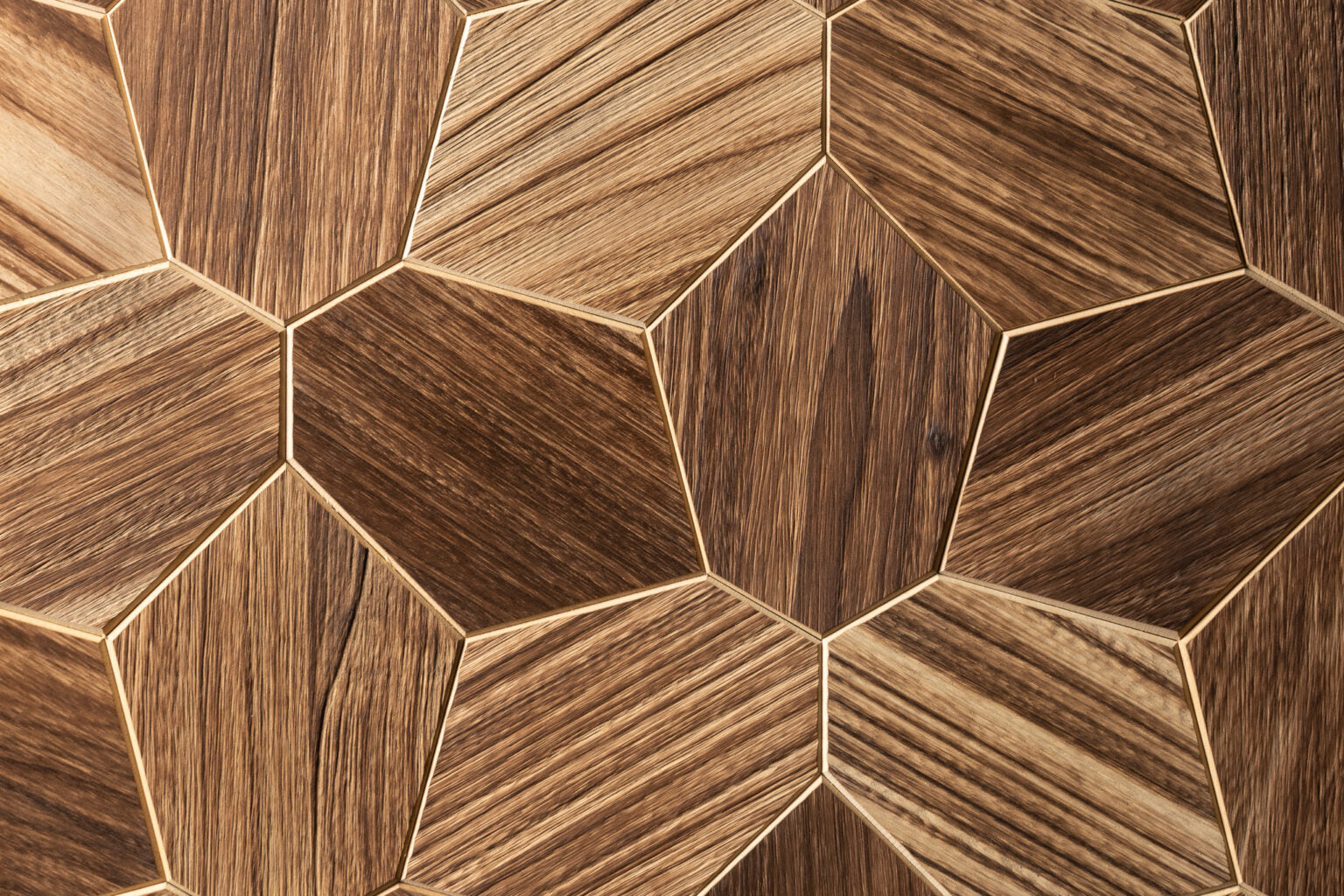 Hexagonal wooden tiles with a geometric pattern