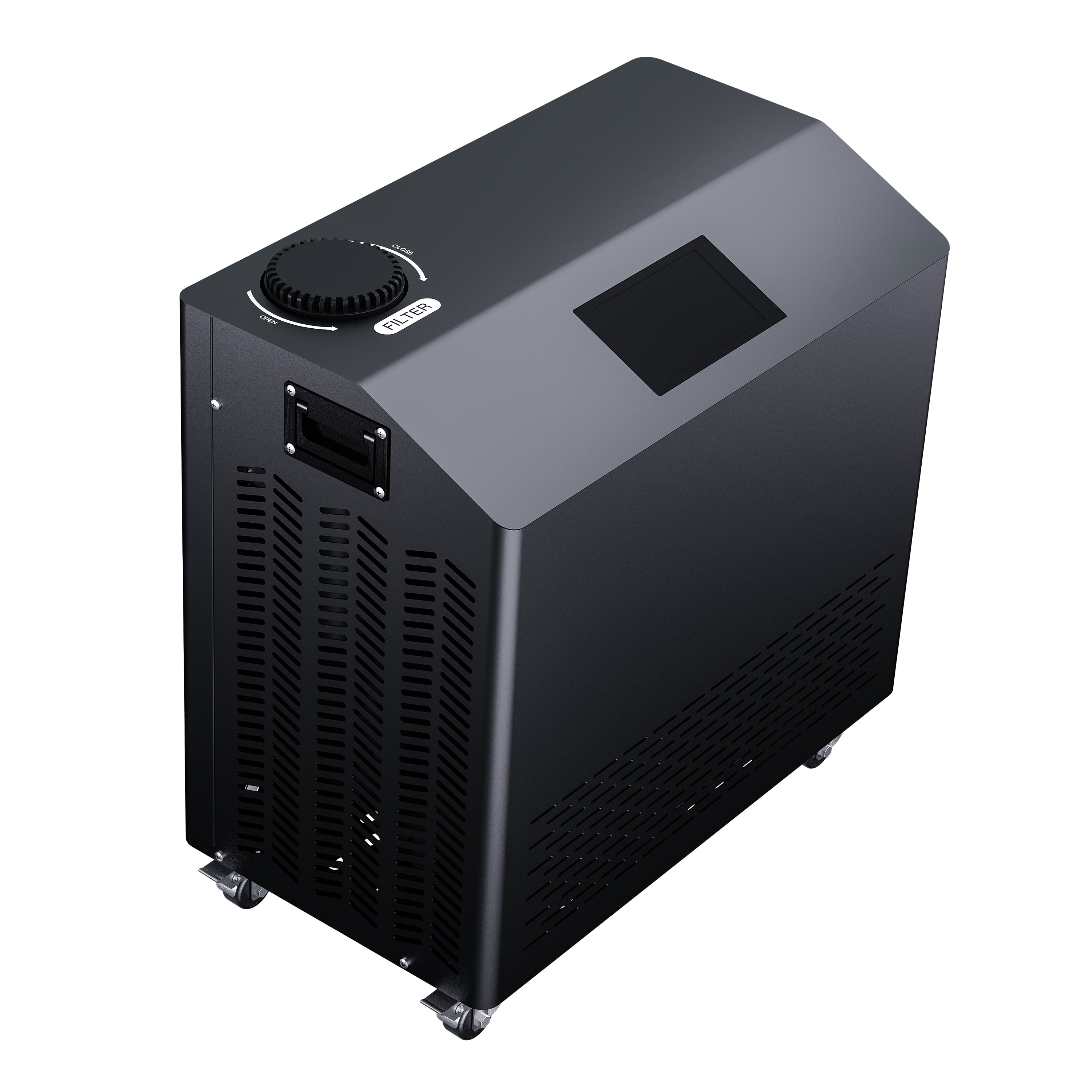 Black electronic chiller with a screen and control knob on a white background