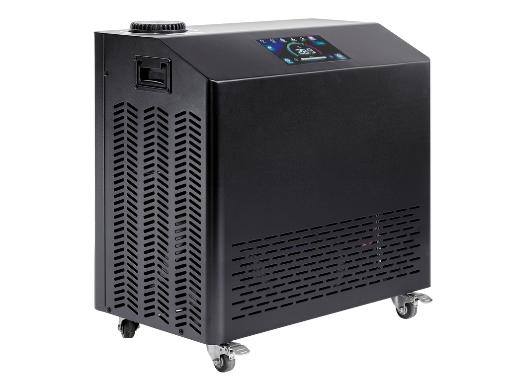 Black industrial chiller with digital display on a white background