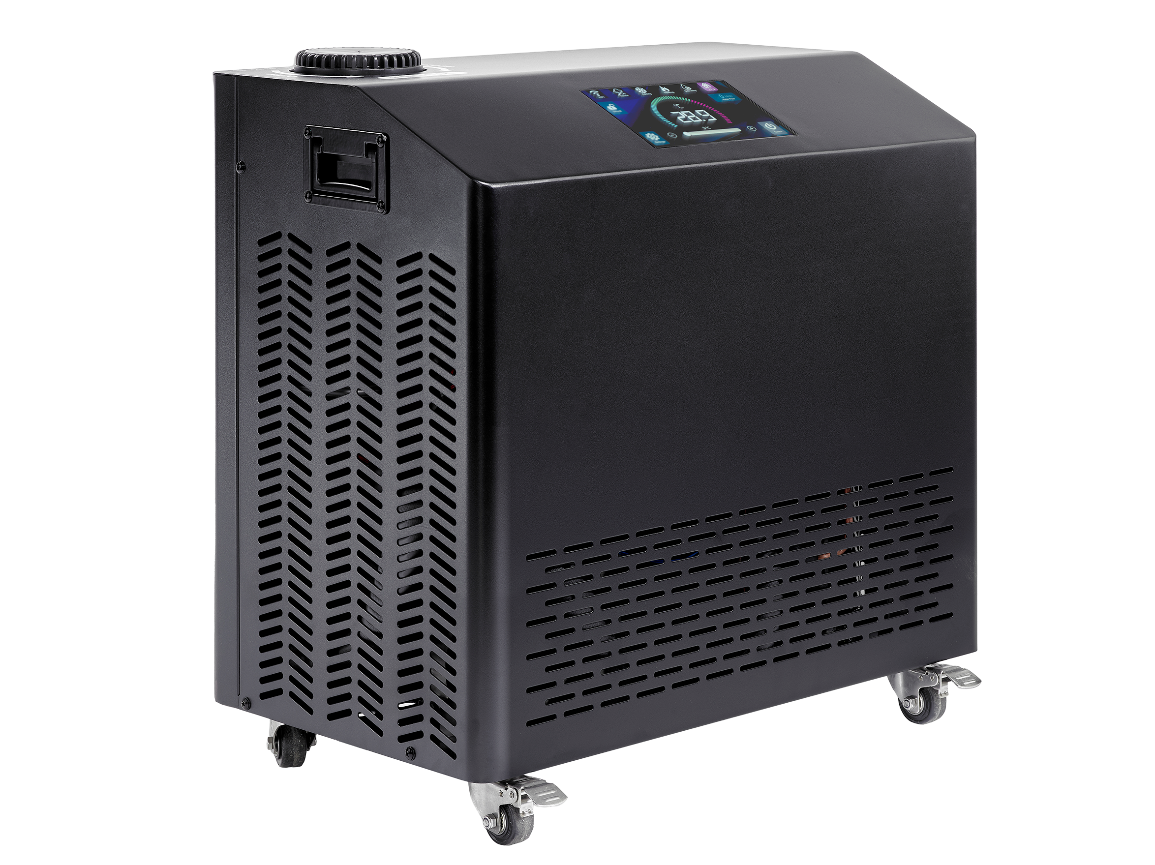 Black industrial chiller with digital display on a white background